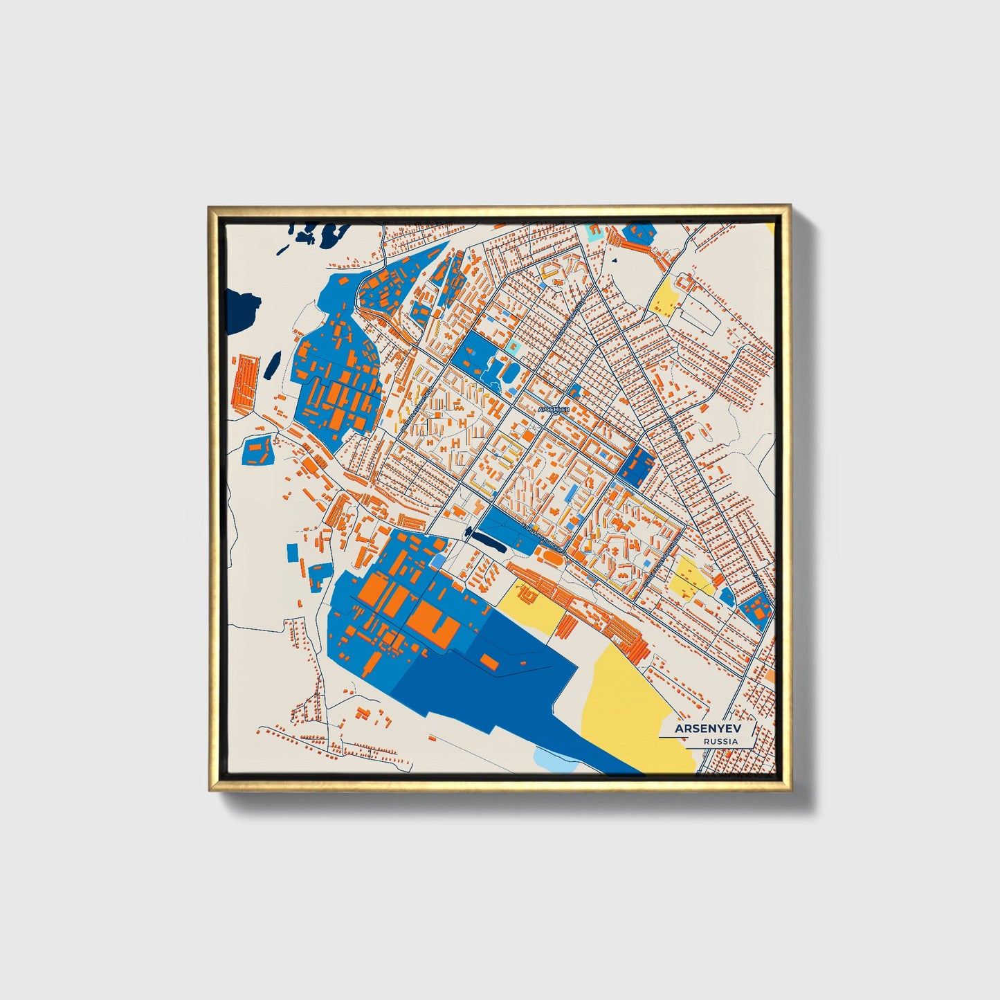 Арсеньев Russia Colorful City Map Canvas Print • Gold Framed