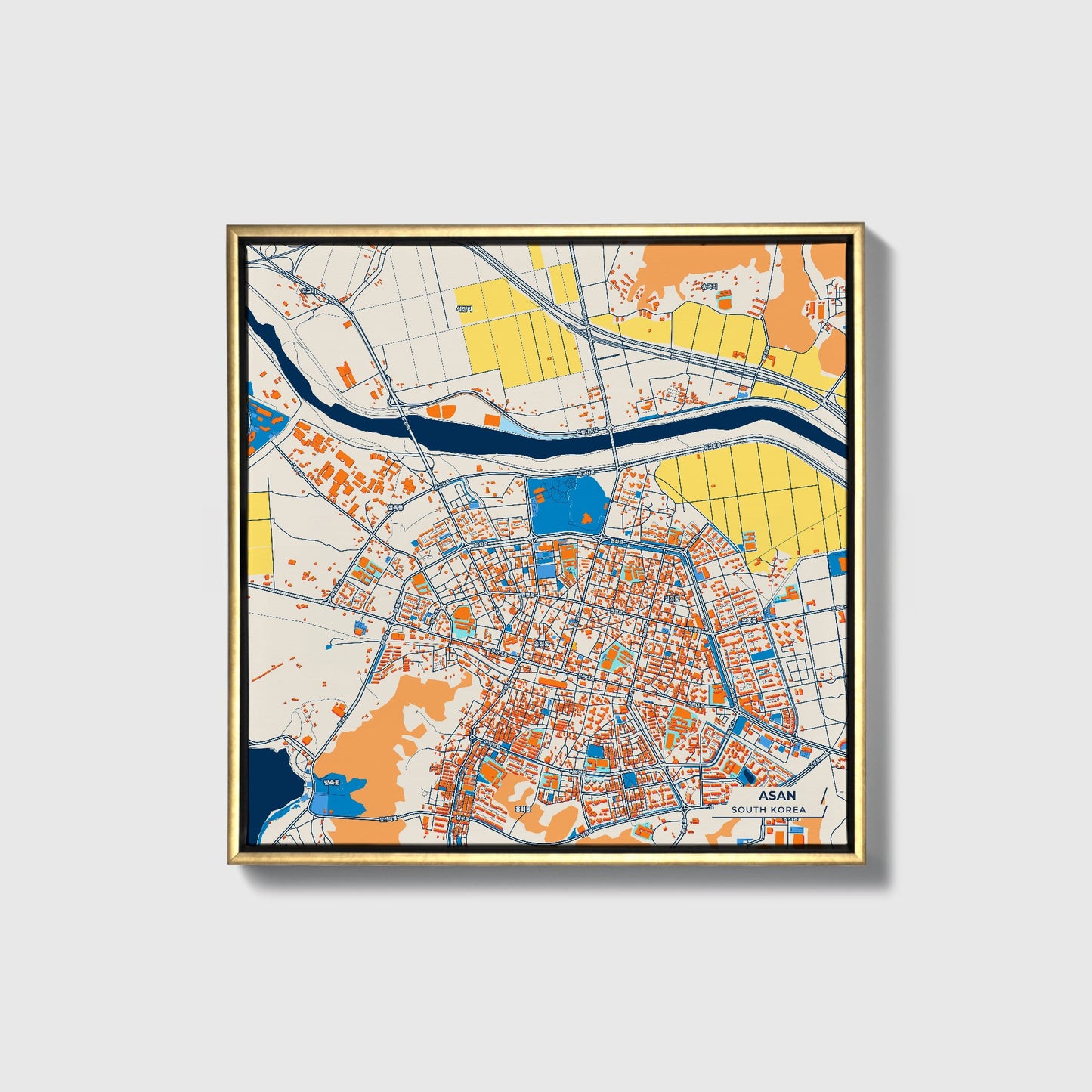 Asan South Korea Colorful City Map Canvas Print • Gold Framed