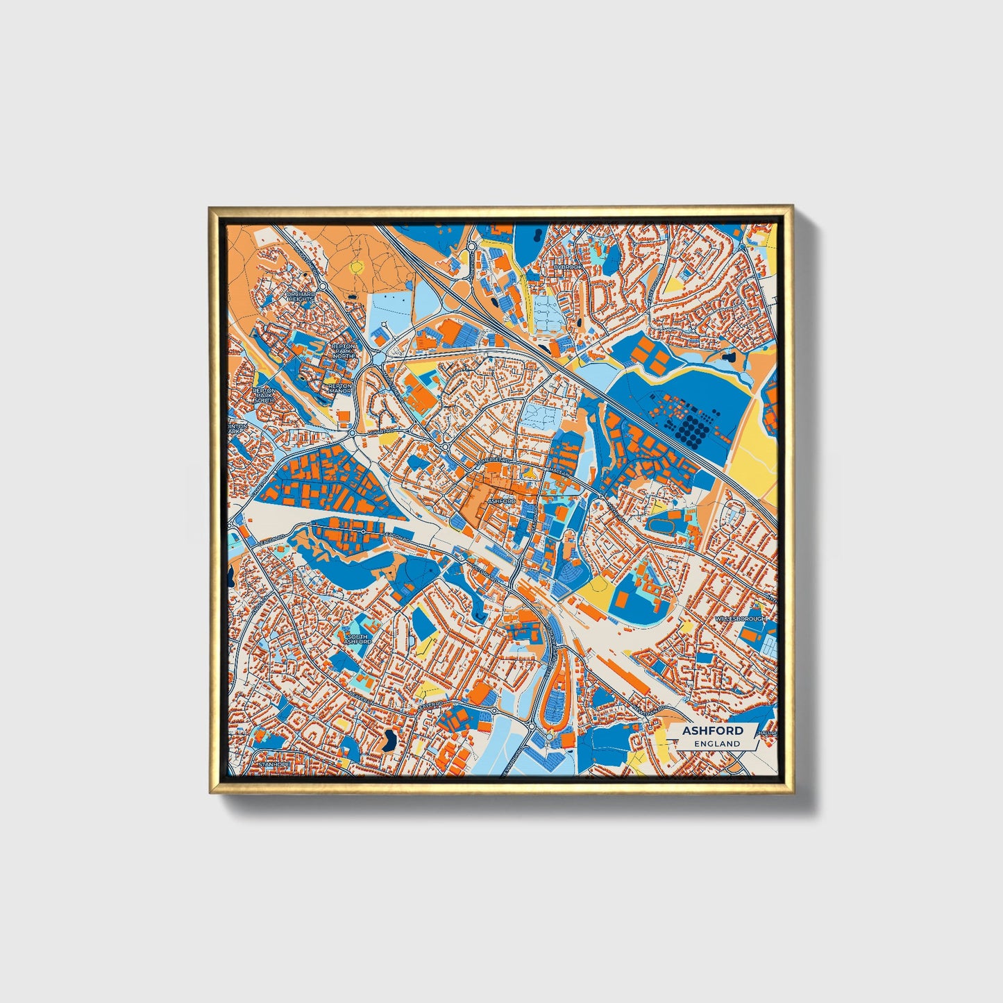 Ashford England Colorful City Map Canvas Print • Gold Framed