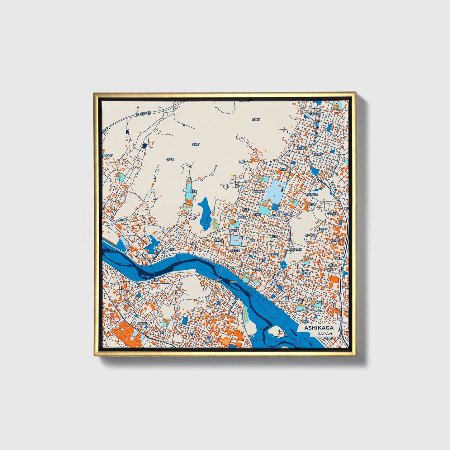 Ashikaga Japan Colorful City Map Canvas Print • Gold Framed