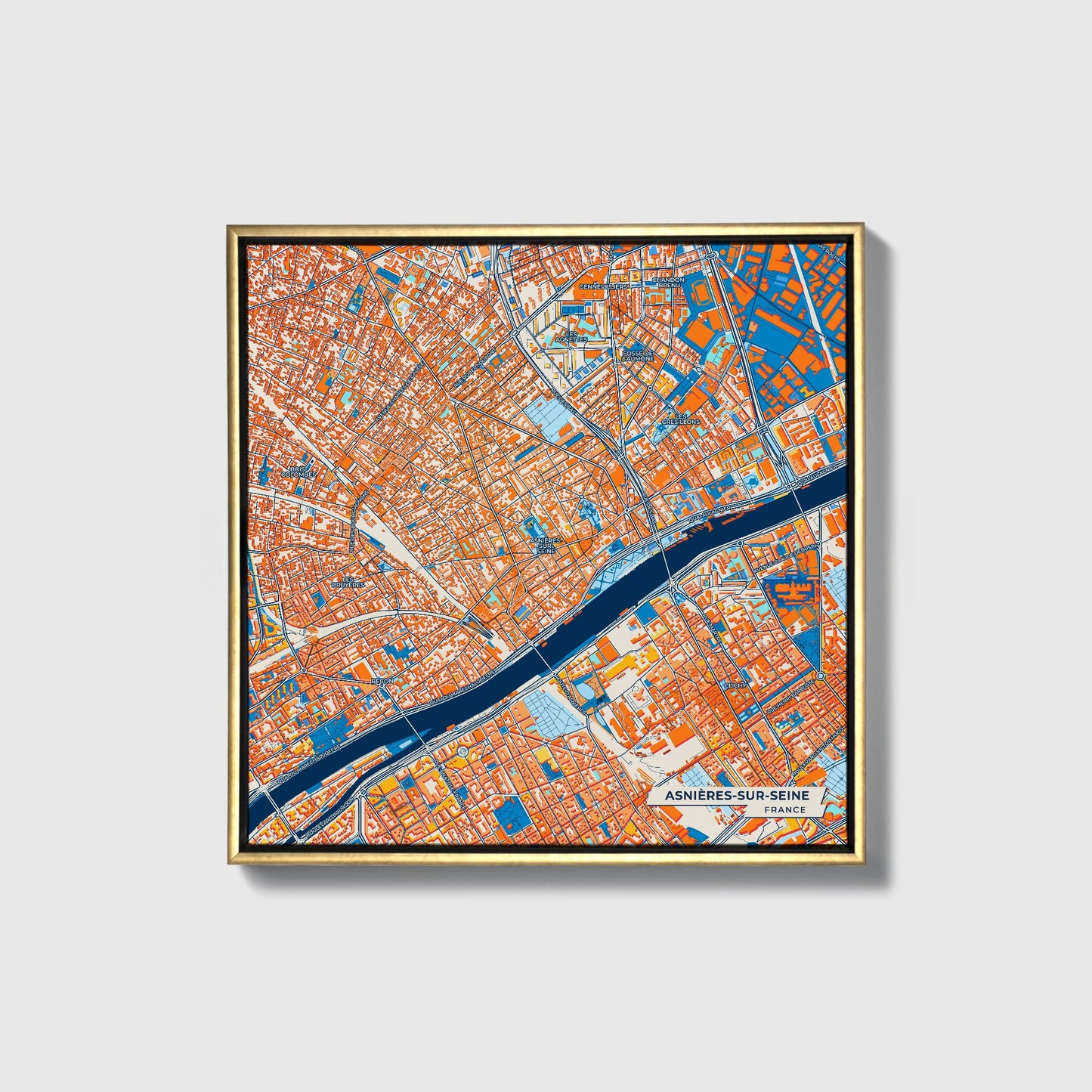 Asnières-Sur-Seine France Colorful City Map Canvas Print • Gold Framed