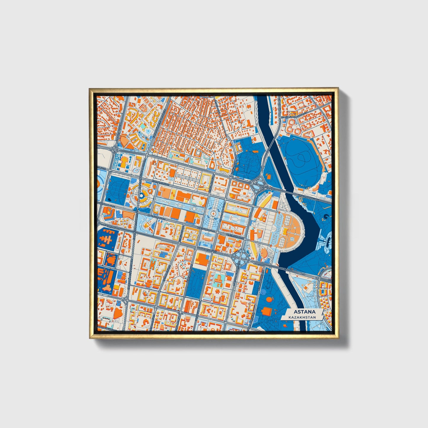 Astana Kazakhstan Colorful City Map Canvas Print • Gold Framed