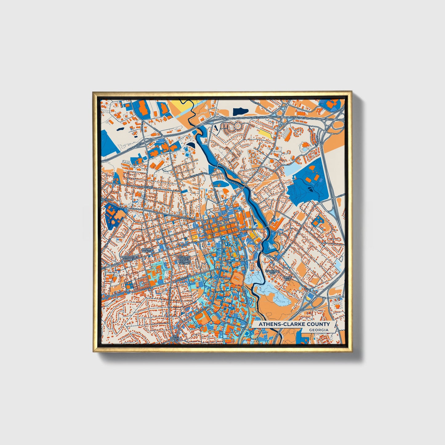 Athens-Clarke County Georgia Colorful City Map Canvas Print • Gold Framed