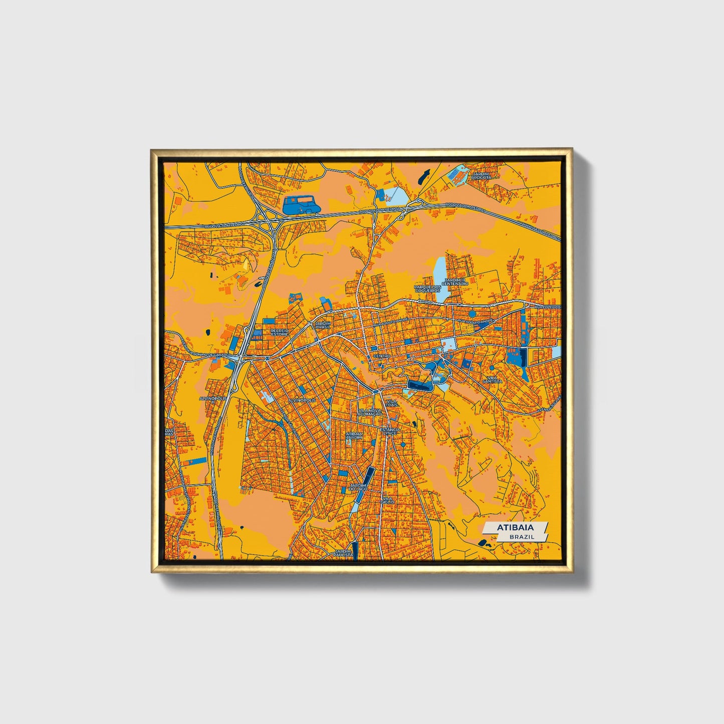 Atibaia Brazil Colorful City Map Canvas Print • Gold Framed