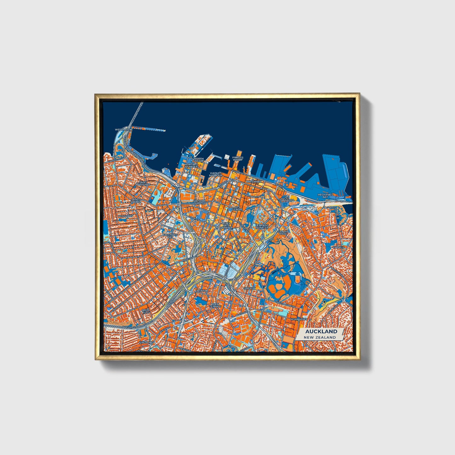 Auckland New Zealand Colorful City Map Canvas Print • Gold Framed