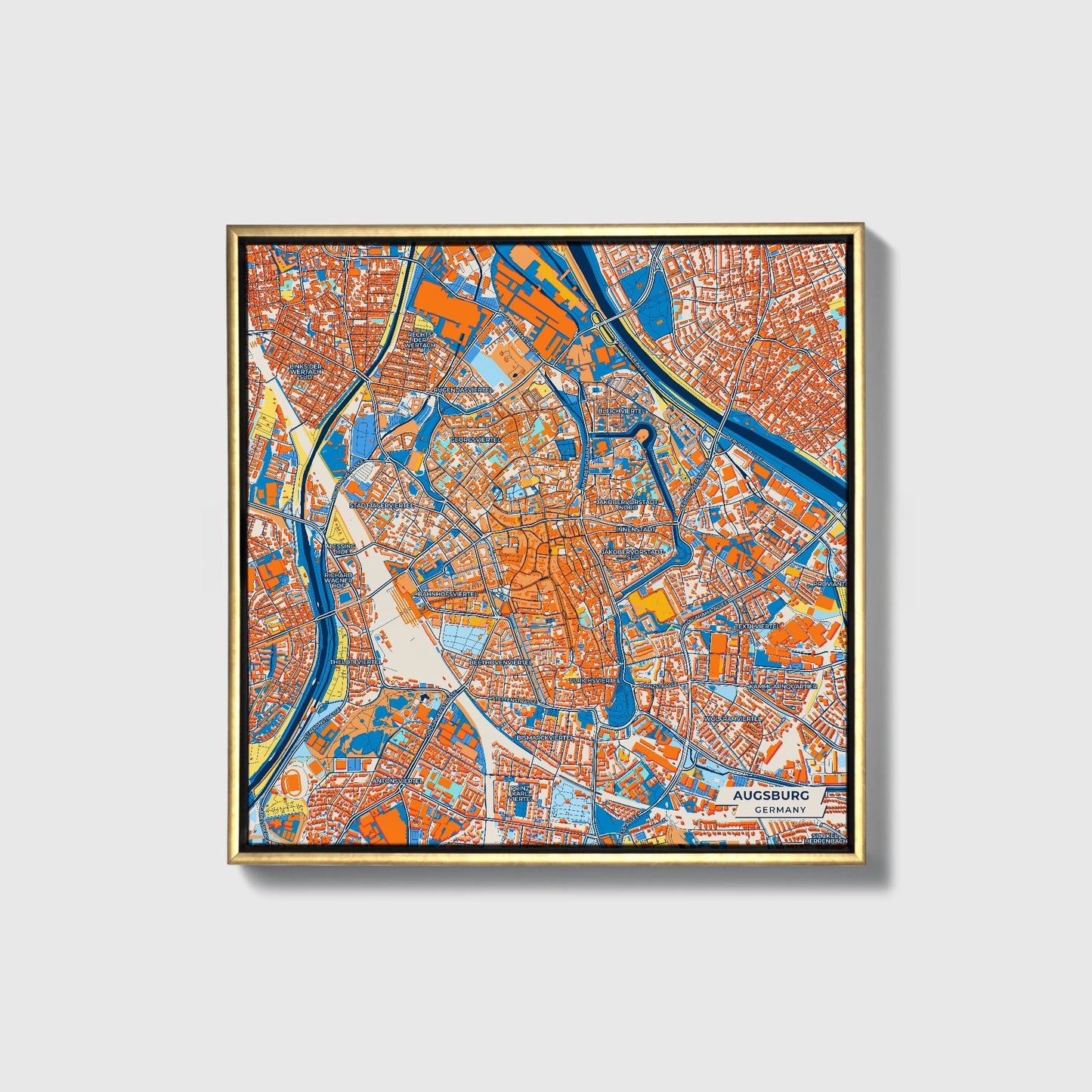 Augsburg Germany Colorful City Map Canvas Print • Gold Framed