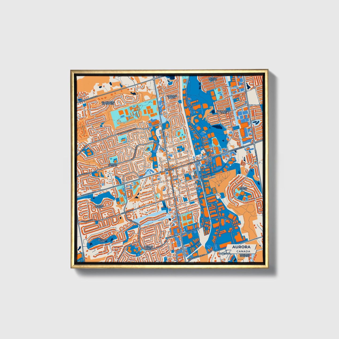 Aurora Canada Colorful City Map Canvas Print • Gold Framed