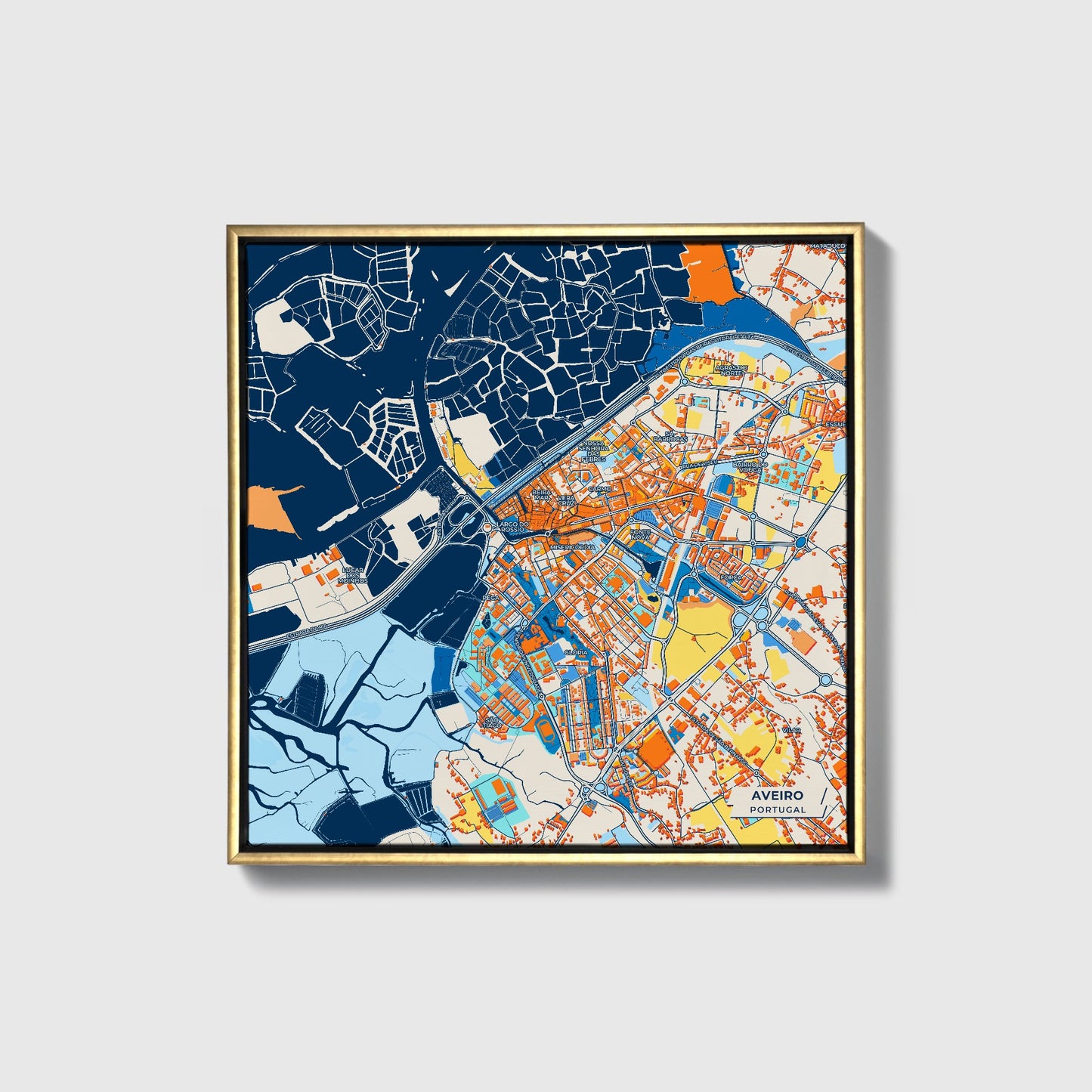 Aveiro Portugal Colorful City Map Canvas Print • Gold Framed