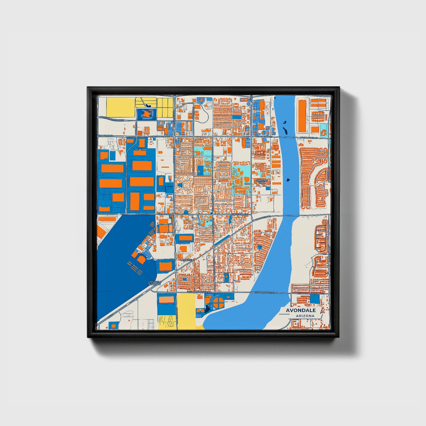 Avondale Arizona Colorful City Map Canvas Print • Black Framed