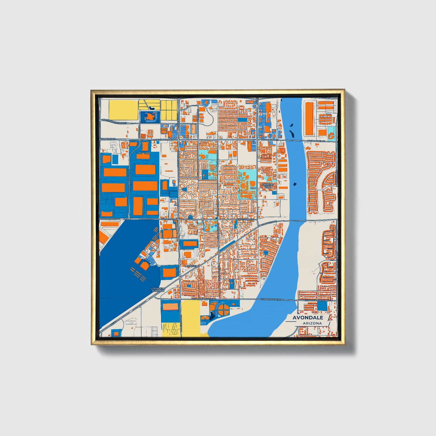 Avondale Arizona Colorful City Map Canvas Print • Gold Framed