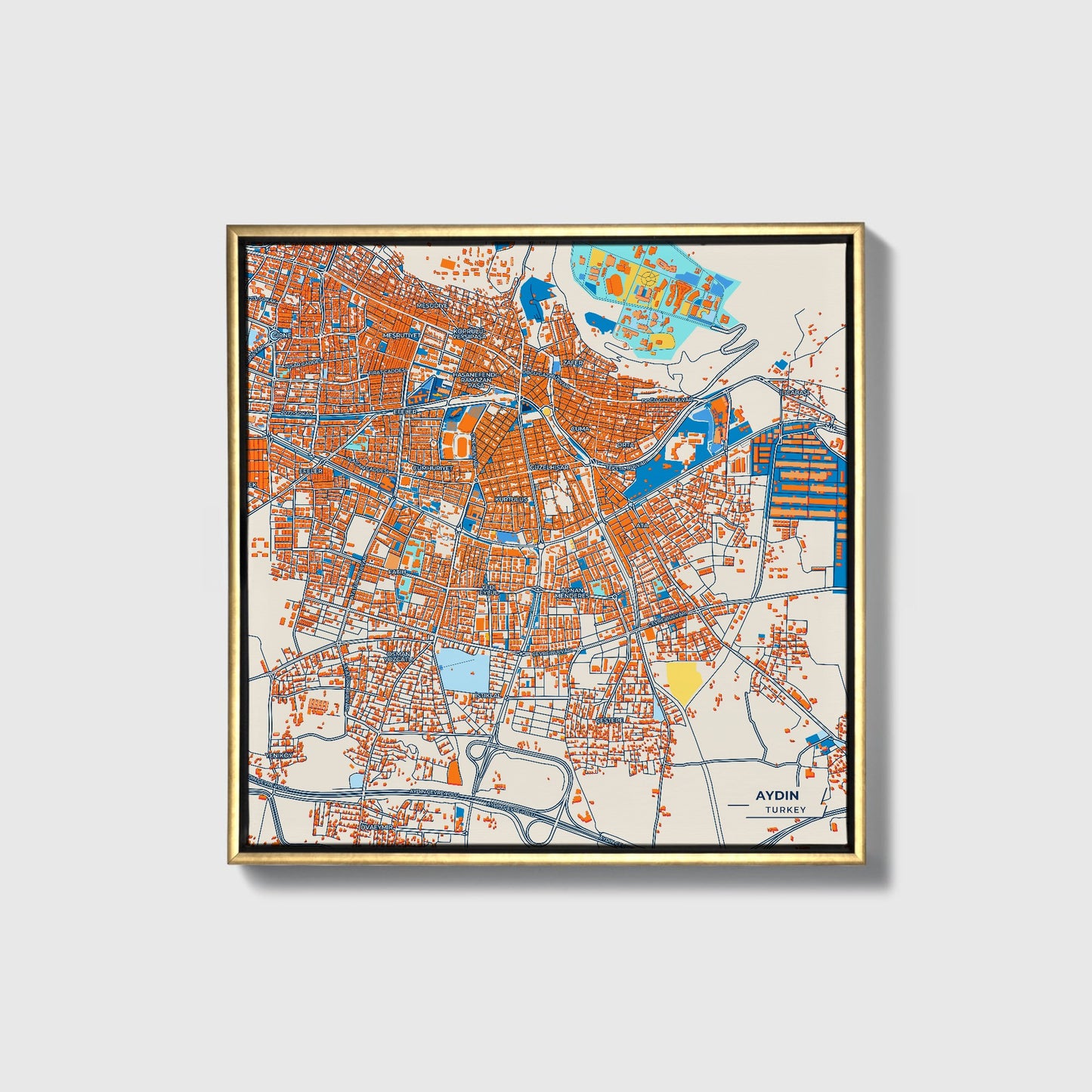 Aydin Turkey Colorful City Map Canvas Print • Gold Framed