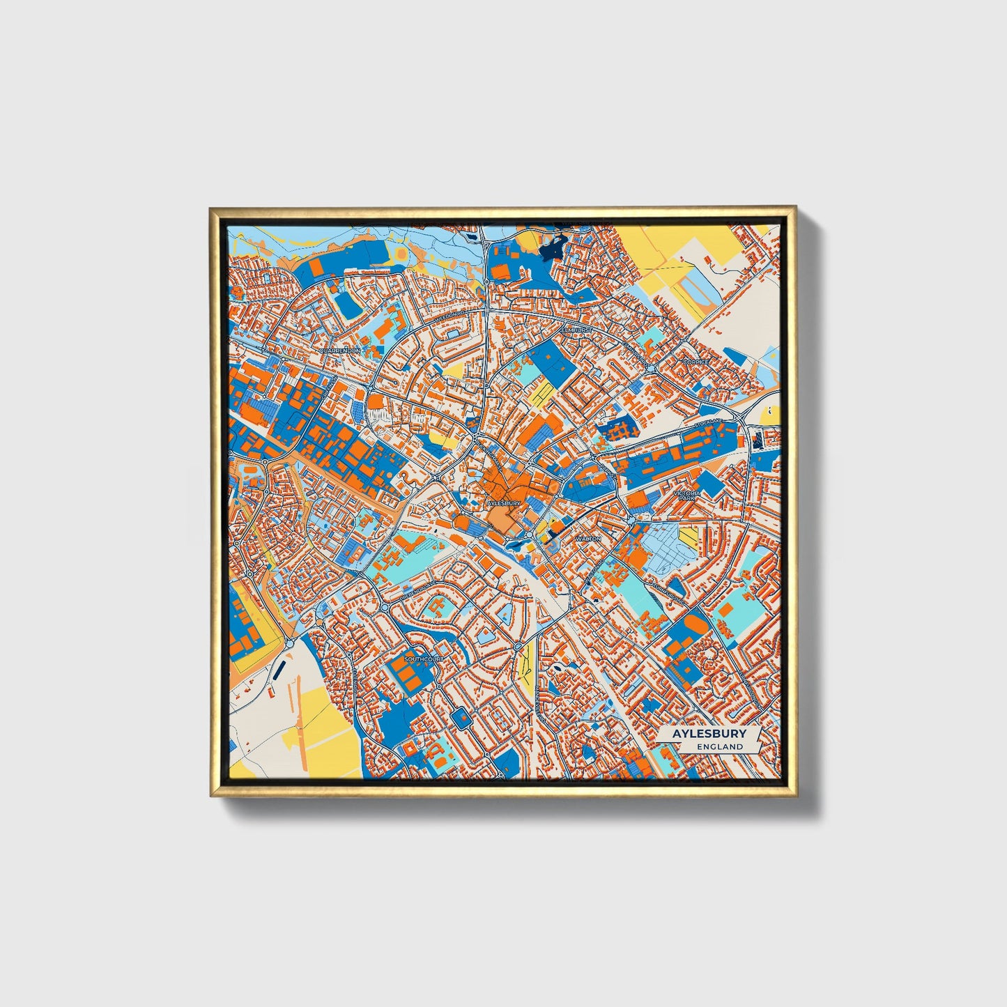 Aylesbury England Colorful City Map Canvas Print • Gold Framed