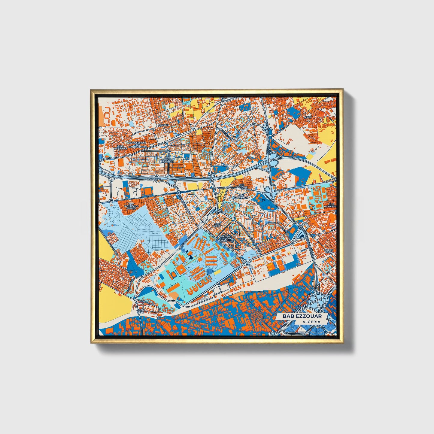 Bab Ezzouar Algeria Colorful City Map Canvas Print • Gold Framed