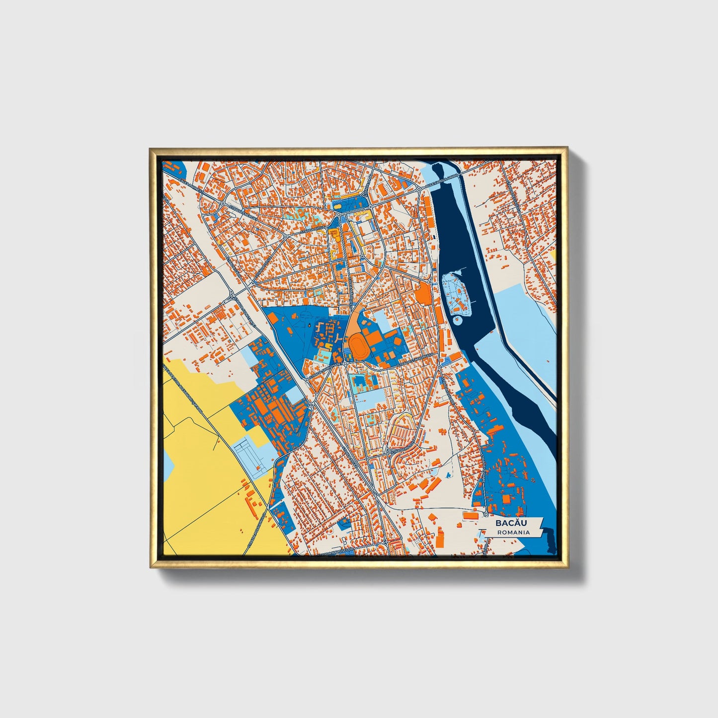 Bacău Romania Colorful City Map Canvas Print • Gold Framed