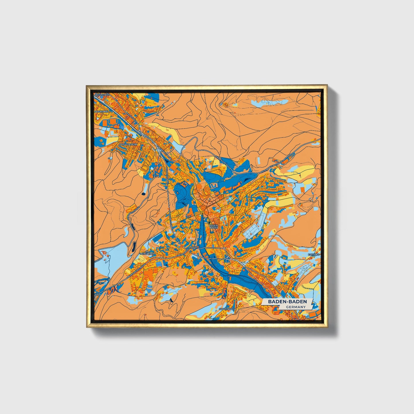 Baden-Baden Germany Colorful City Map Canvas Print • Gold Framed