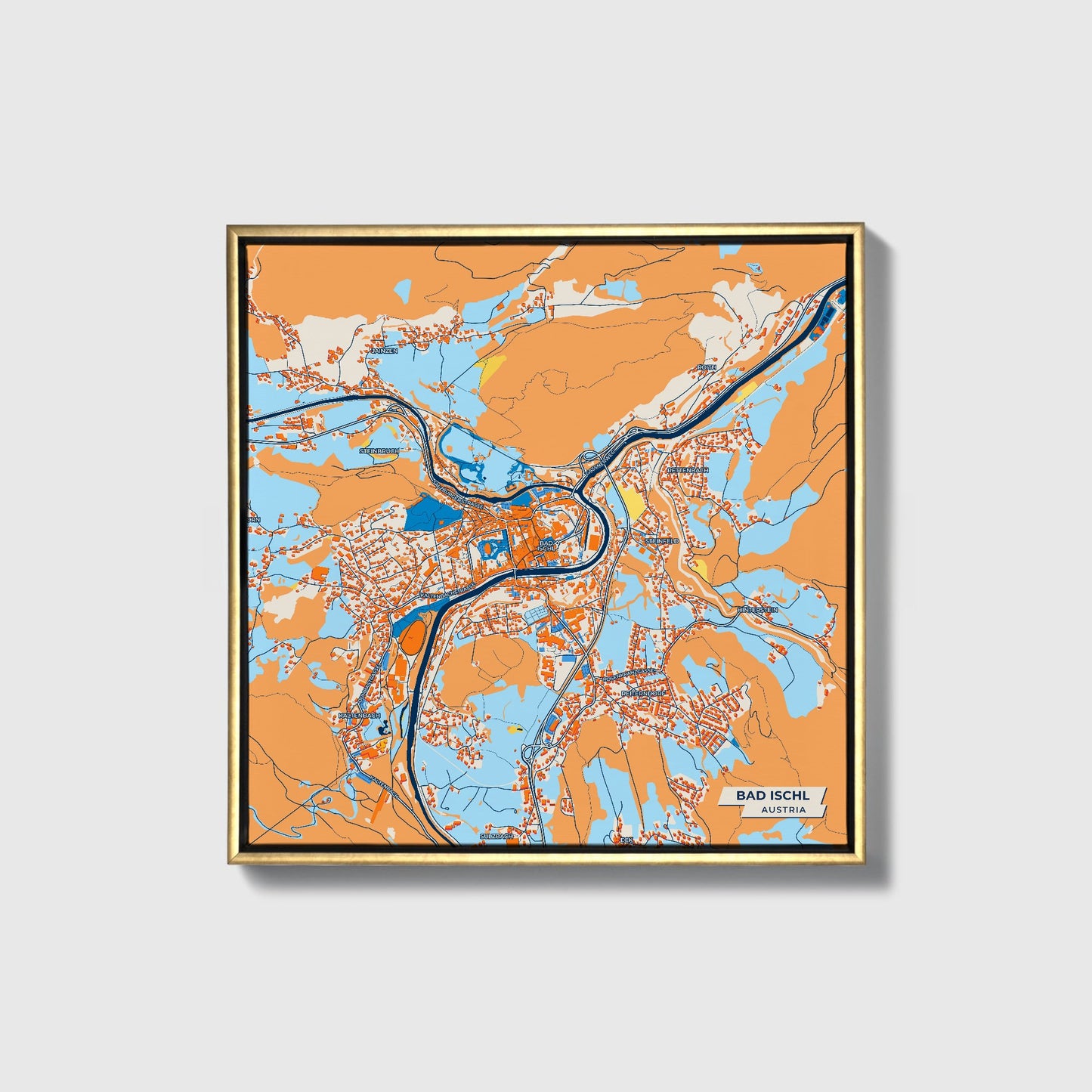Bad Ischl Austria Colorful City Map Canvas Print • Gold Framed