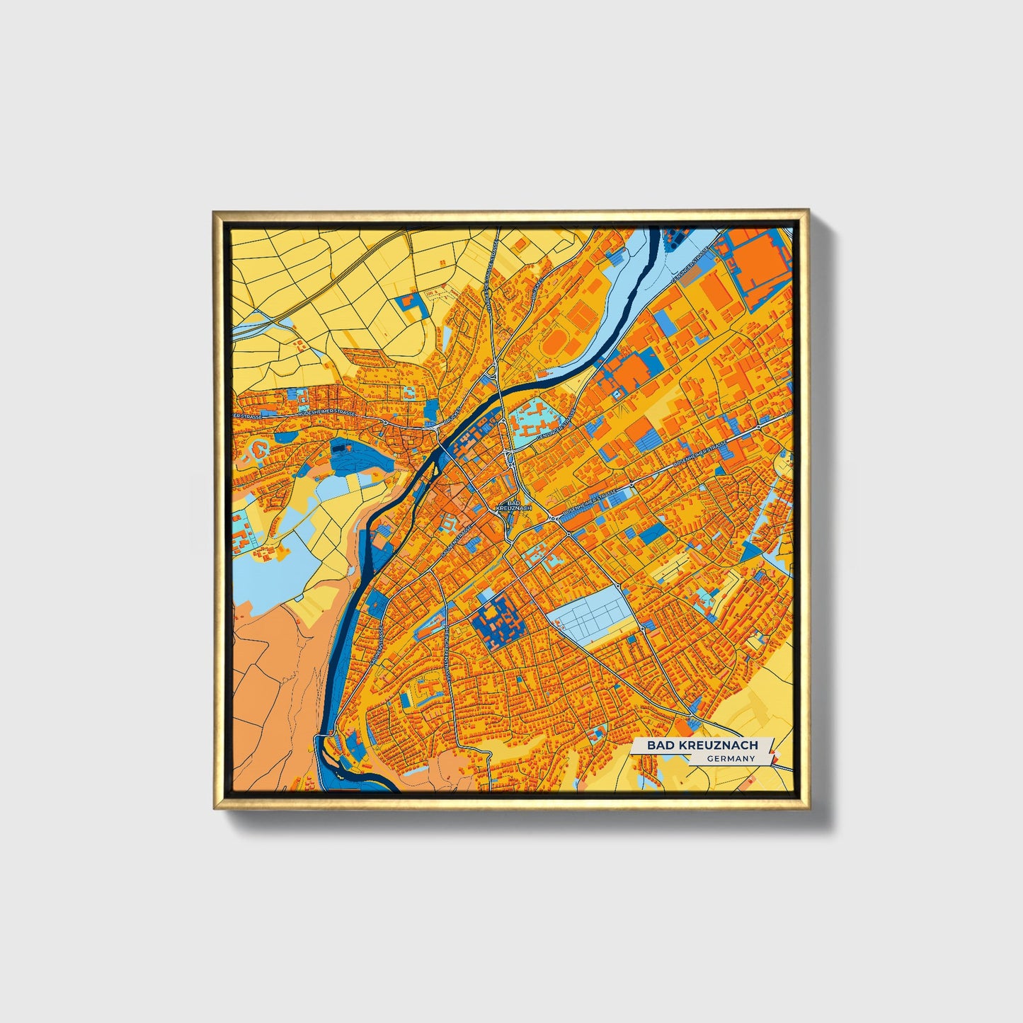 Bad Kreuznach Germany Colorful City Map Canvas Print • Gold Framed