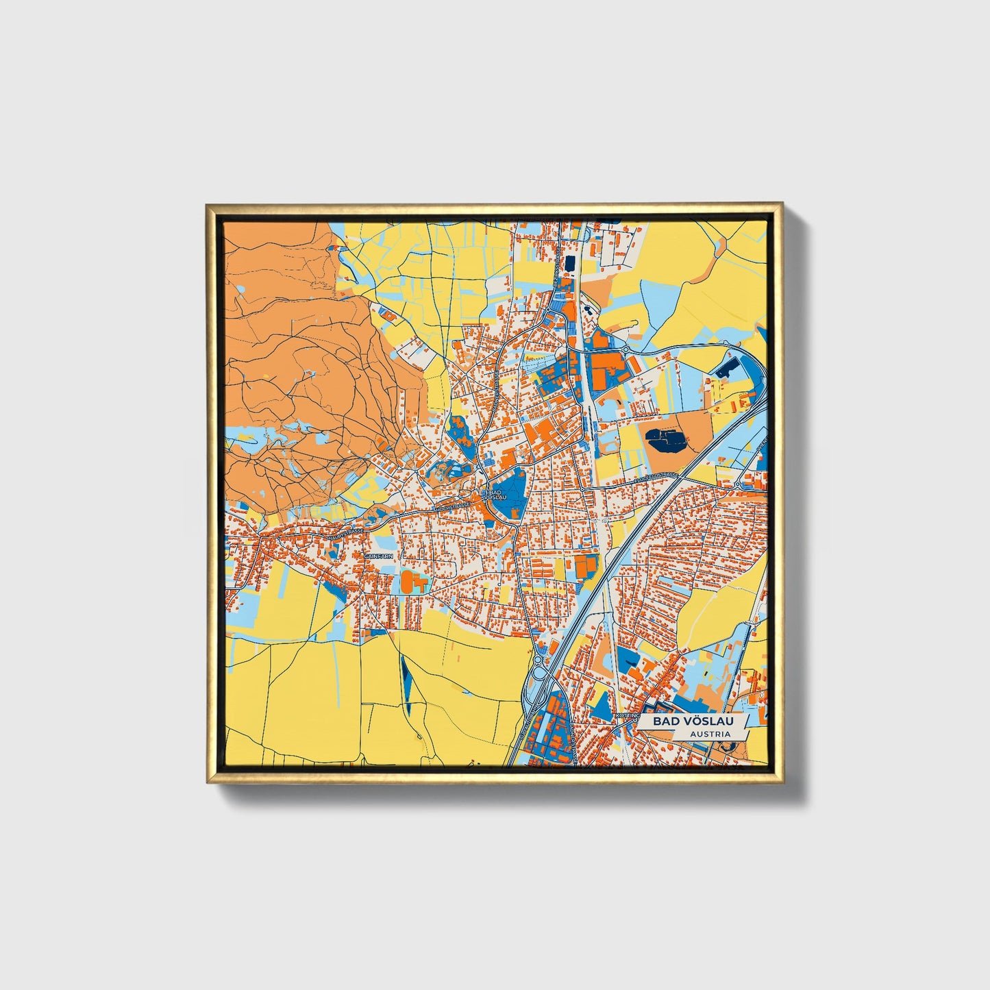 Bad Vöslau Austria Colorful City Map Canvas Print • Gold Framed