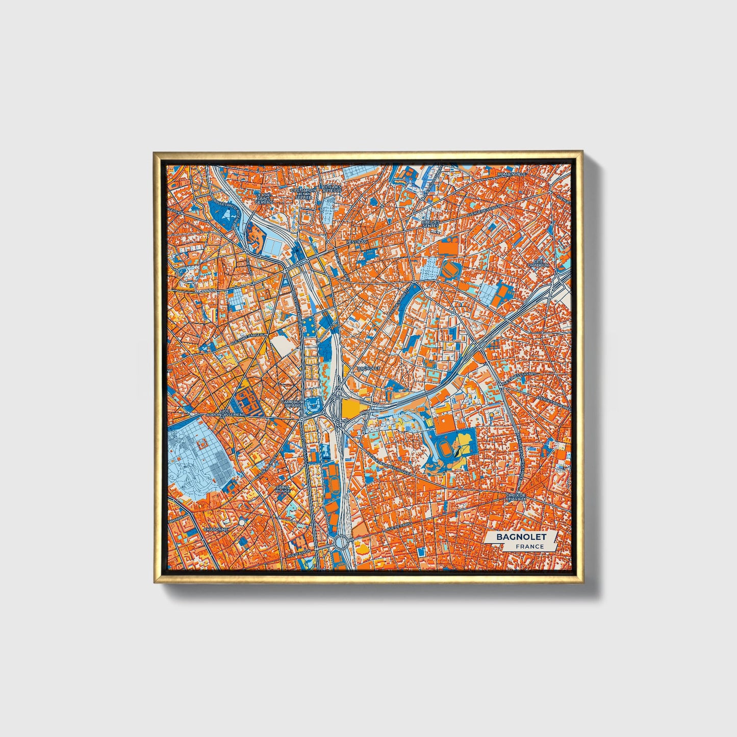 Bagnolet France Colorful City Map Canvas Print • Gold Framed