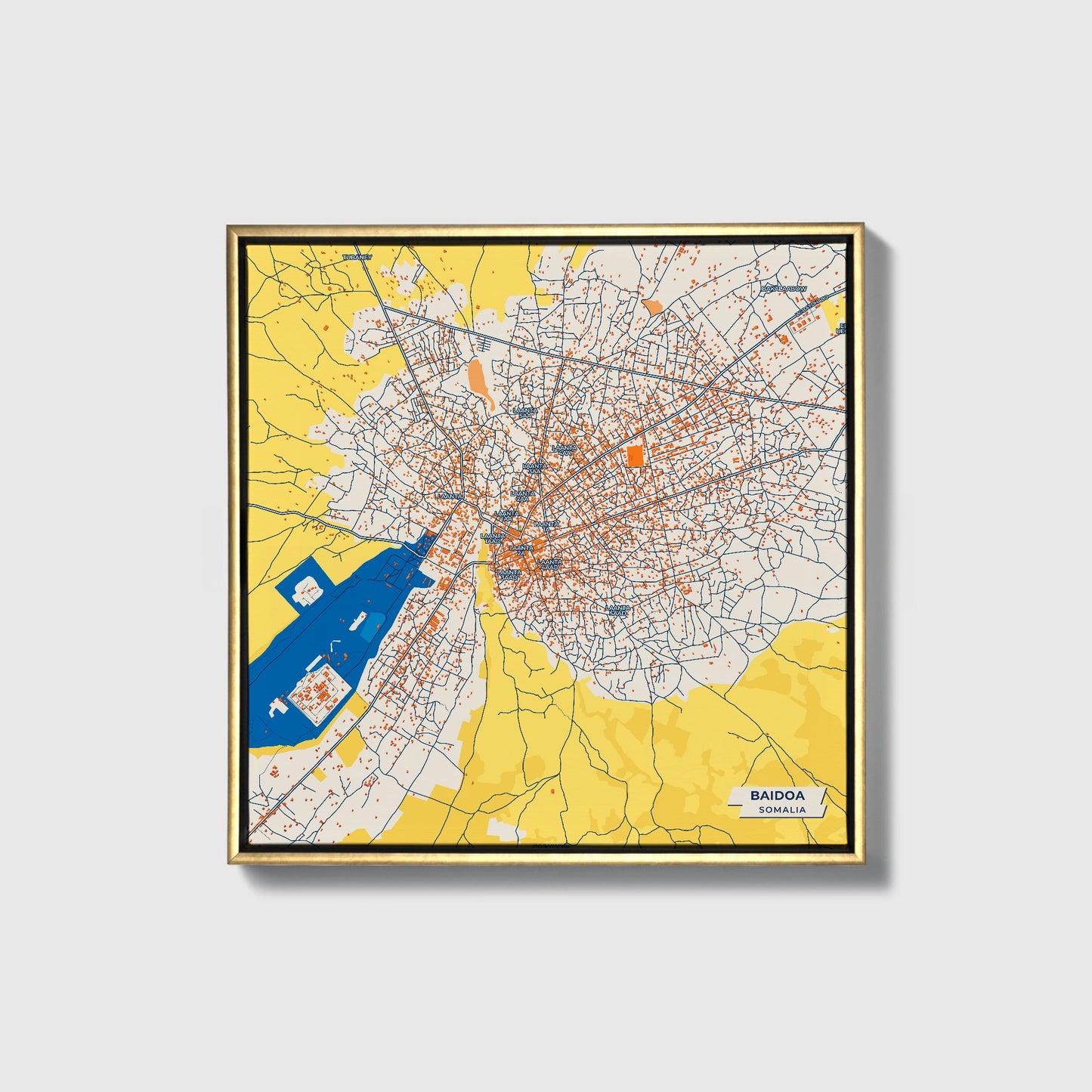 Baidoa Somalia Colorful City Map Canvas Print • Gold Framed