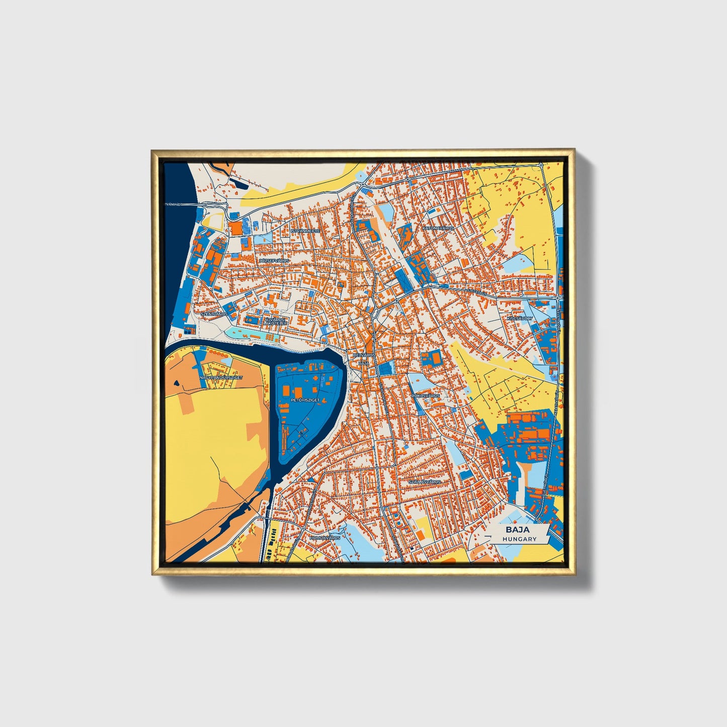 Baja Hungary Colorful City Map Canvas Print • Gold Framed