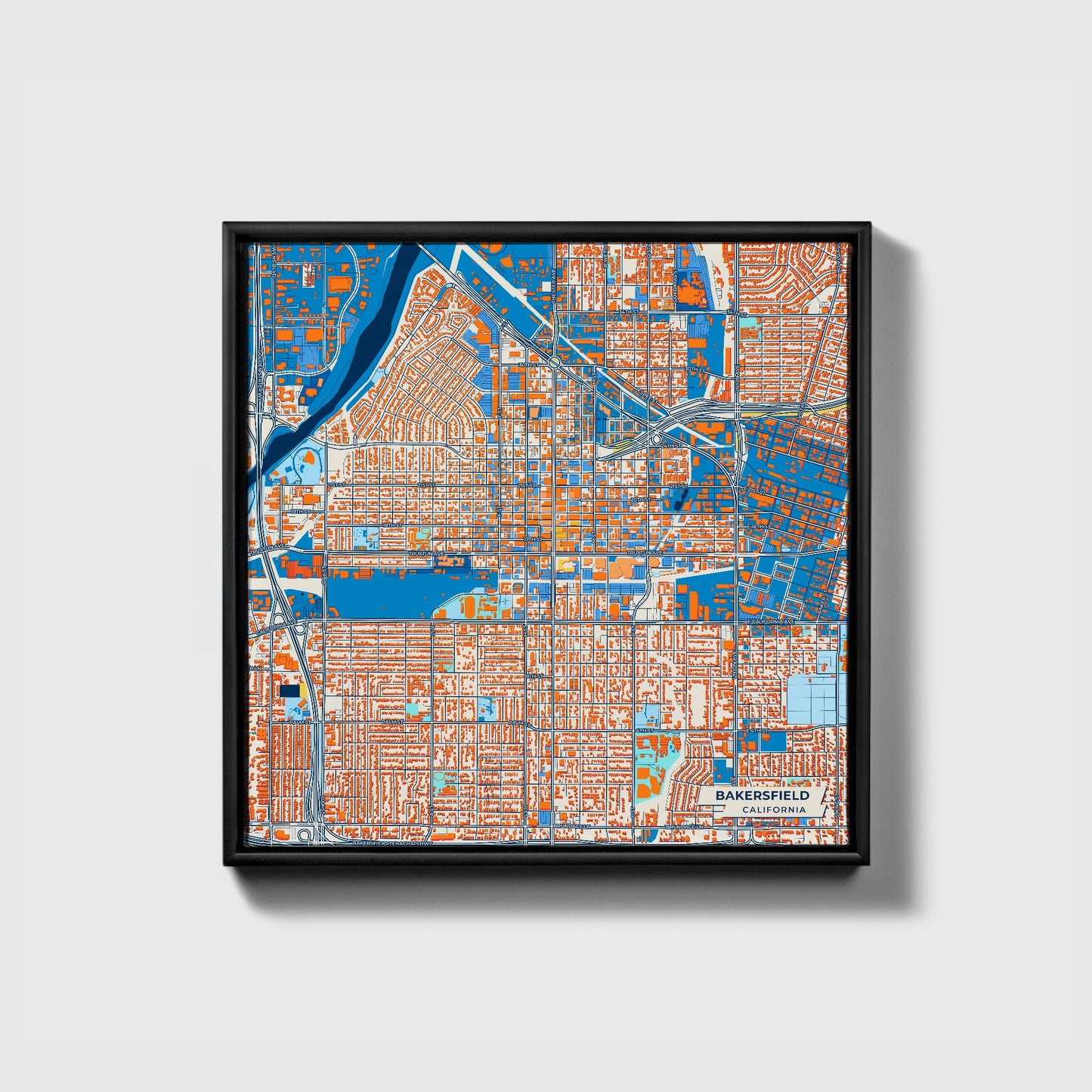 Bakersfield California Colorful City Map Canvas Print • Black Framed