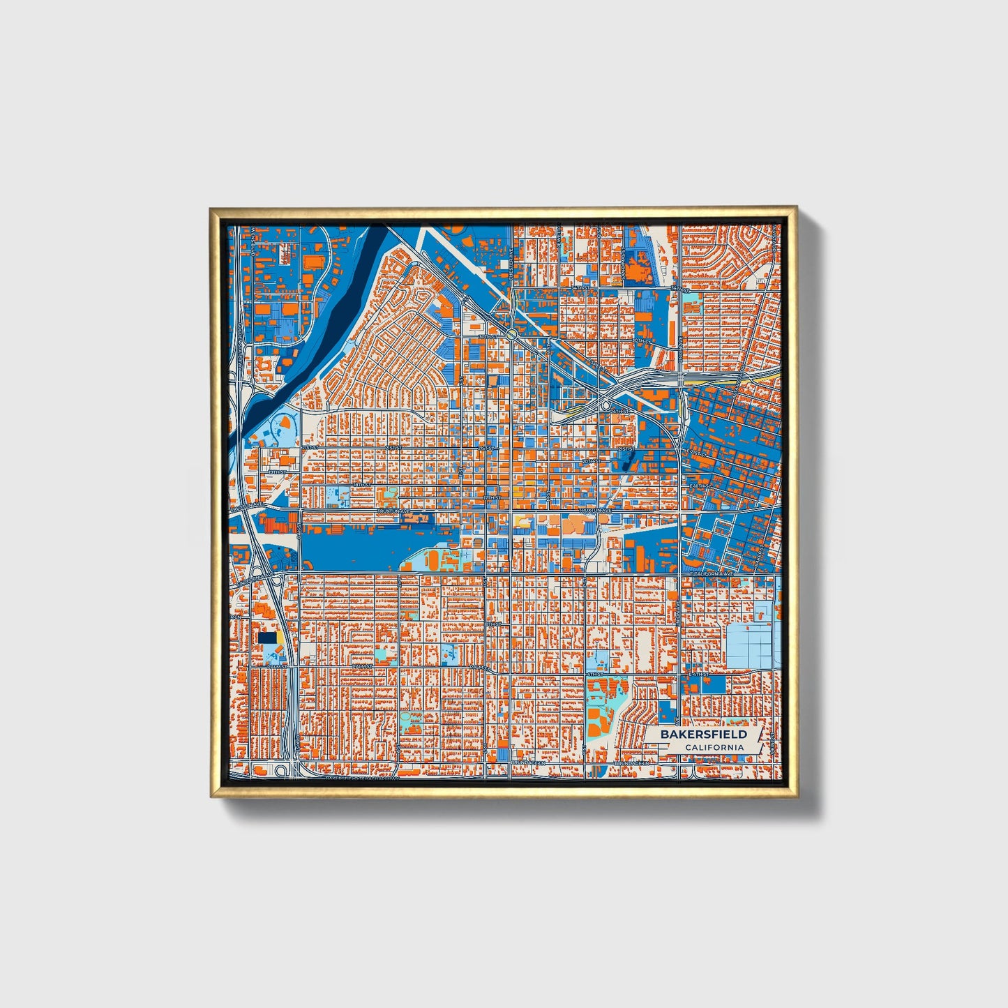 Bakersfield California Colorful City Map Canvas Print • Gold Framed