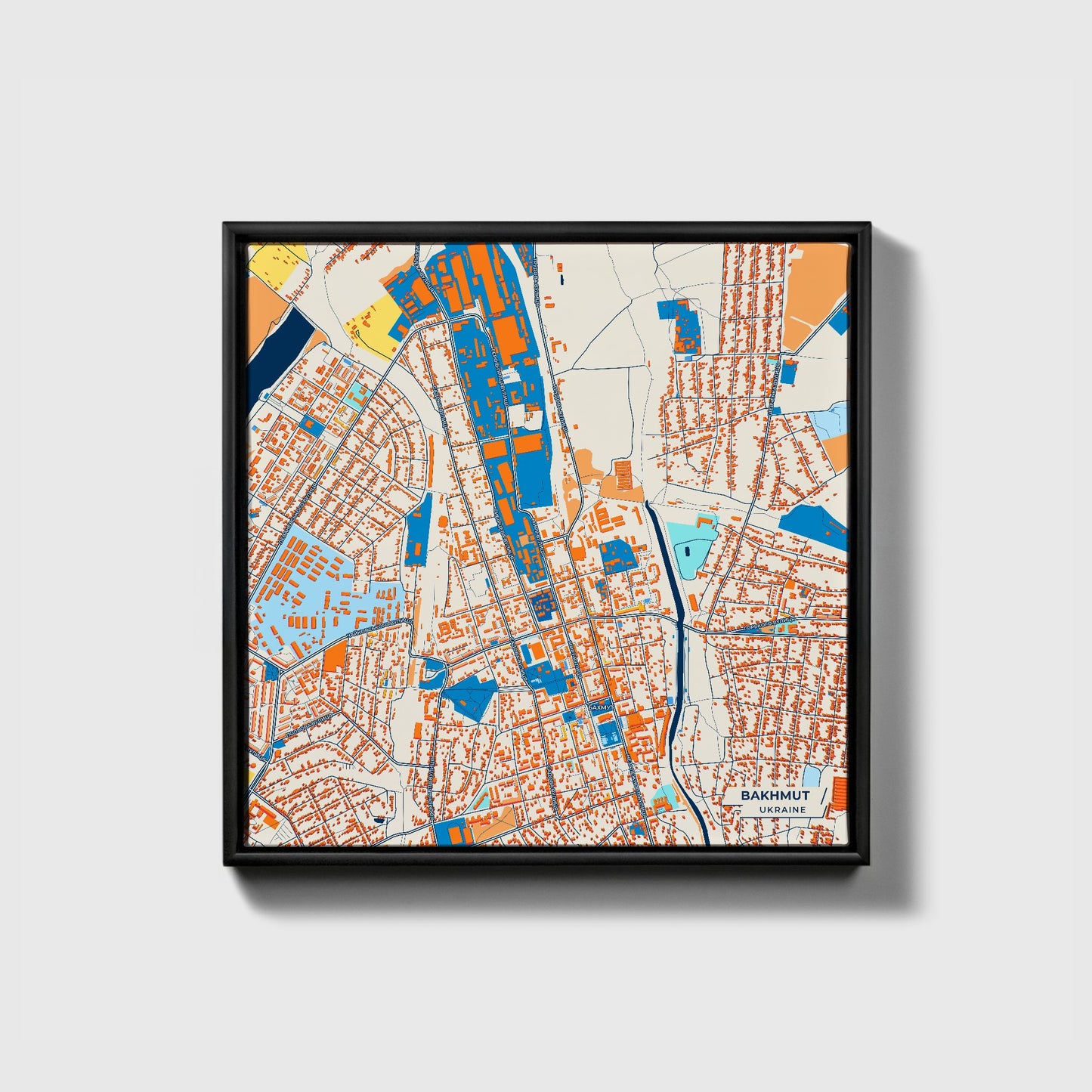 Бахмут Ukraine Colorful City Map Canvas Print • Black Framed