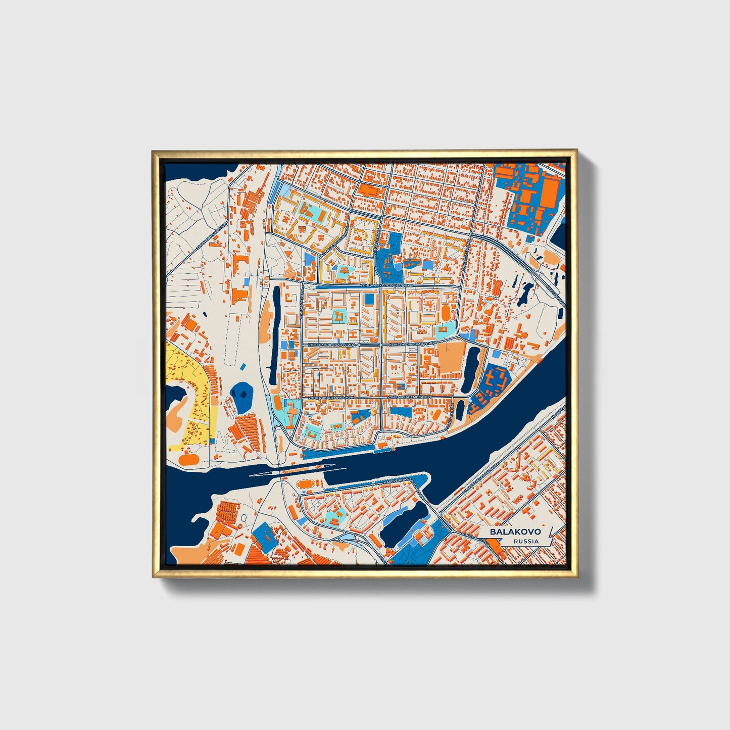 Балаково Russia Colorful City Map Canvas Print • Gold Framed
