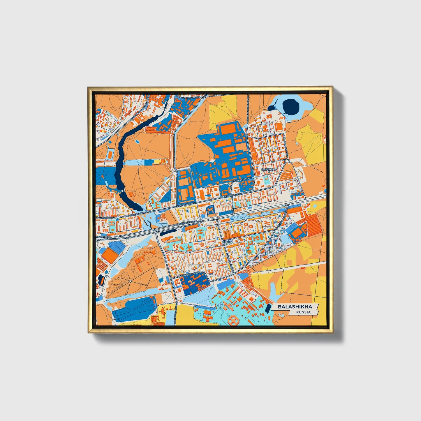 Балашиха Russia Colorful City Map Canvas Print • Gold Framed