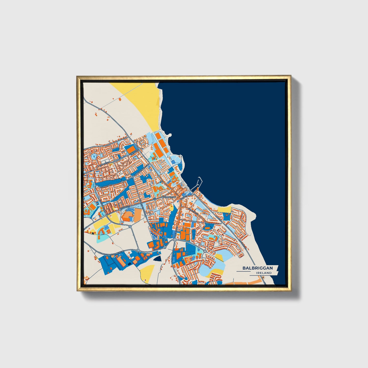 Balbriggan Ireland Colorful City Map Canvas Print • Gold Framed