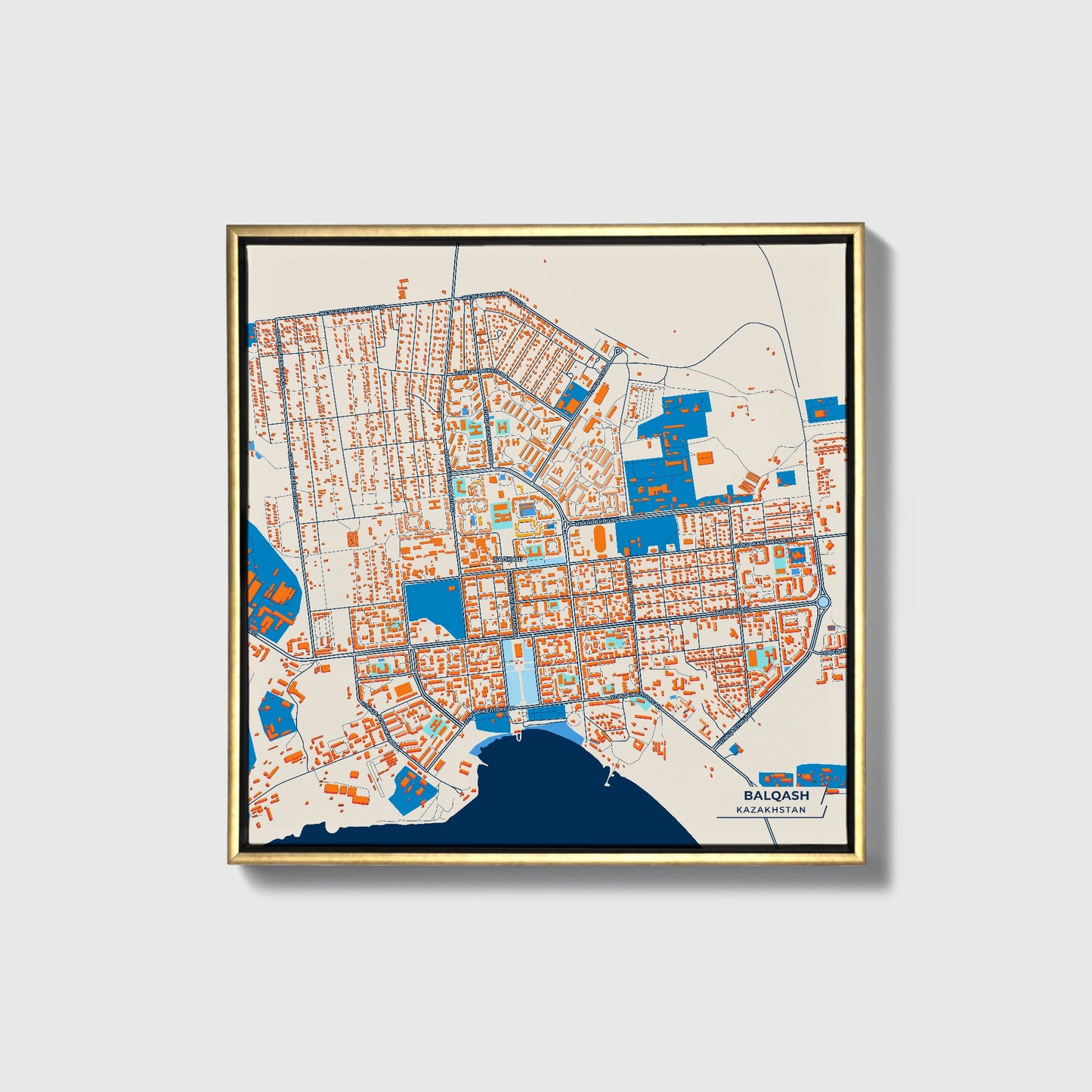 Balqash Kazakhstan Colorful City Map Canvas Print • Gold Framed