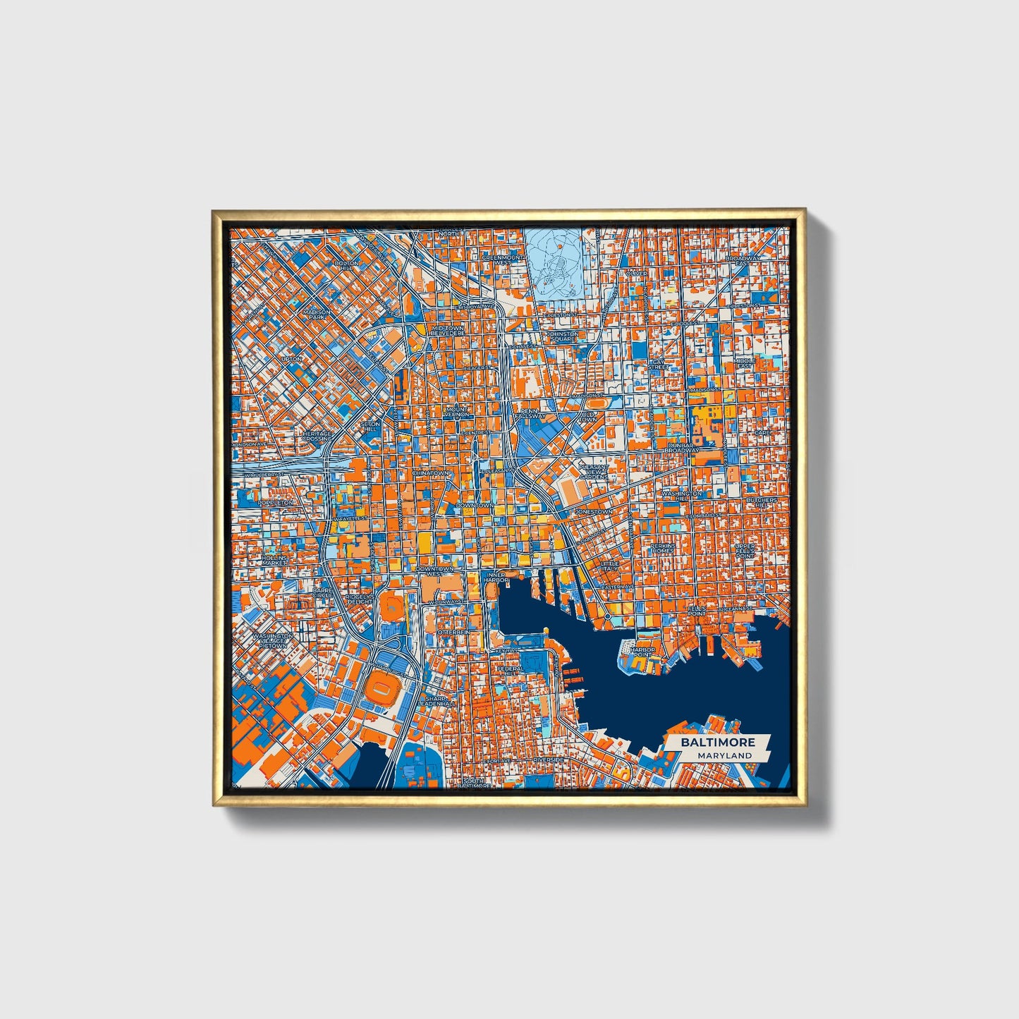 Baltimore Maryland Colorful City Map Canvas Print • Gold Framed