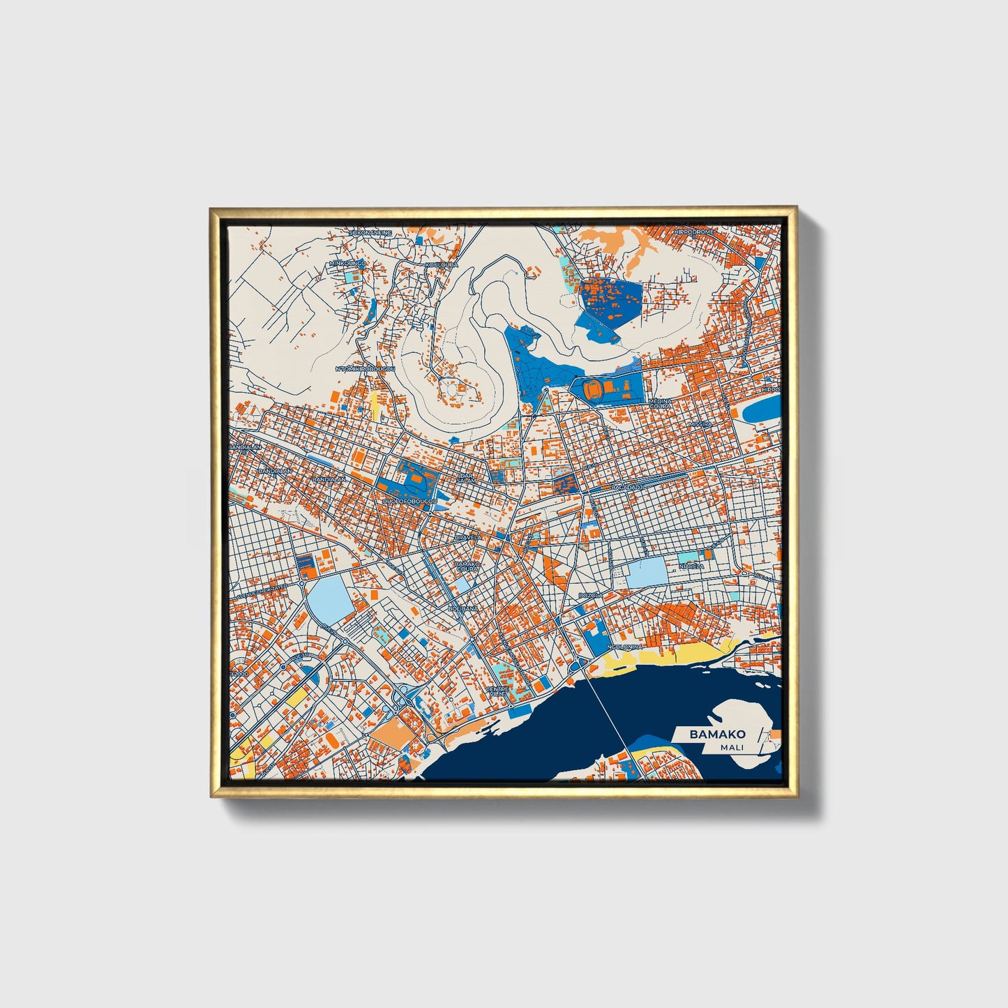 Bamako Mali Colorful City Map Canvas Print • Gold Framed