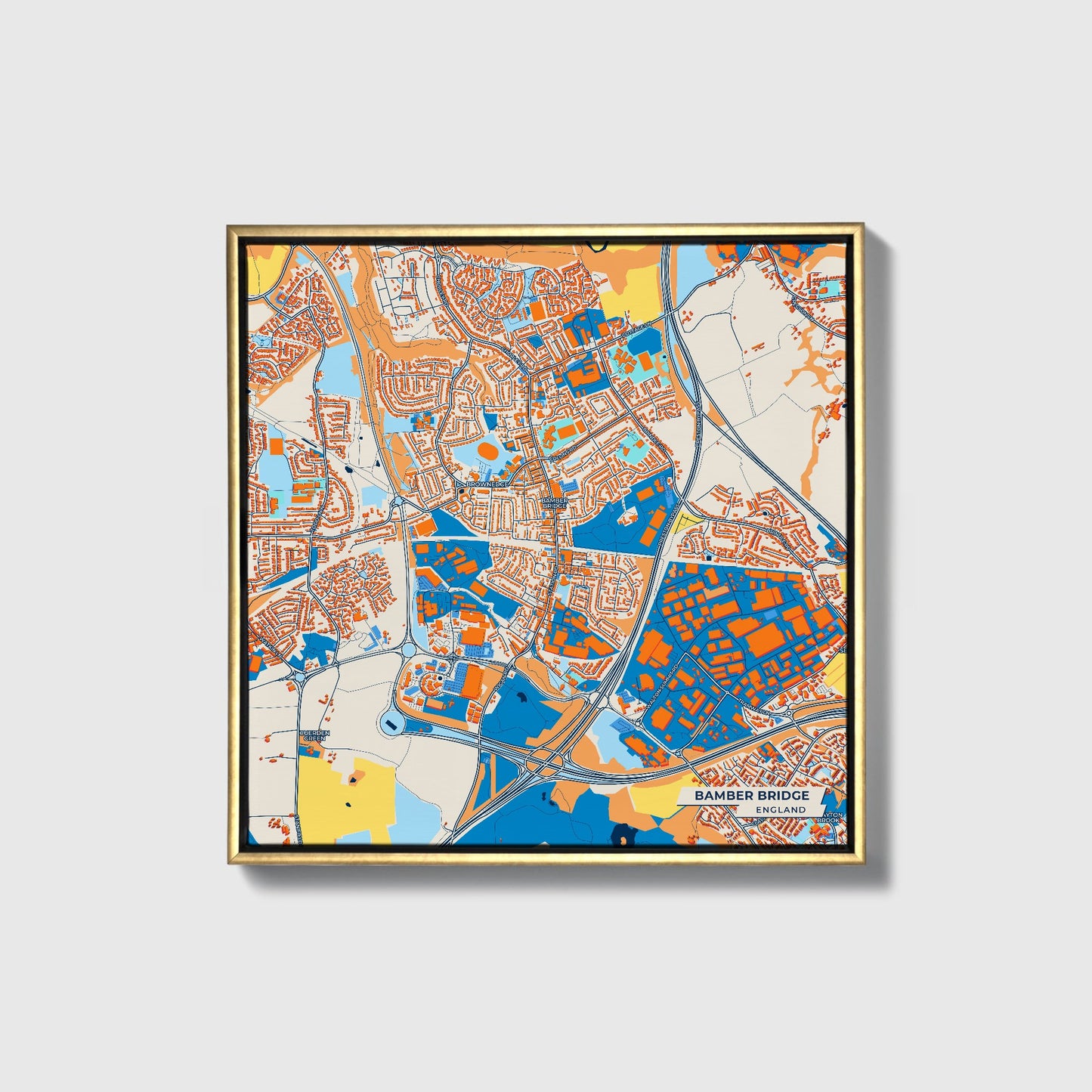Bamber Bridge England Colorful City Map Canvas Print • Gold Framed