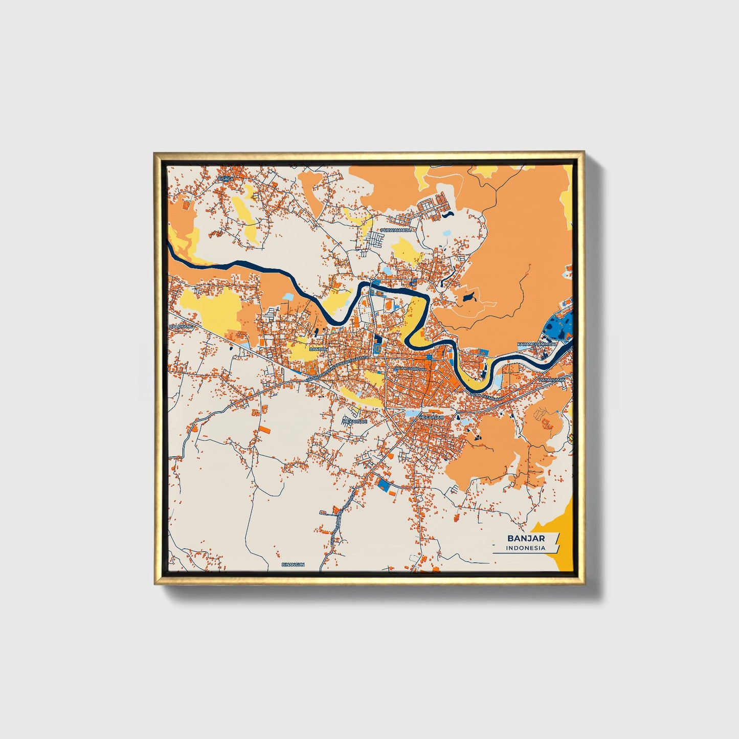 Banjar Indonesia Colorful City Map Canvas Print • Gold Framed