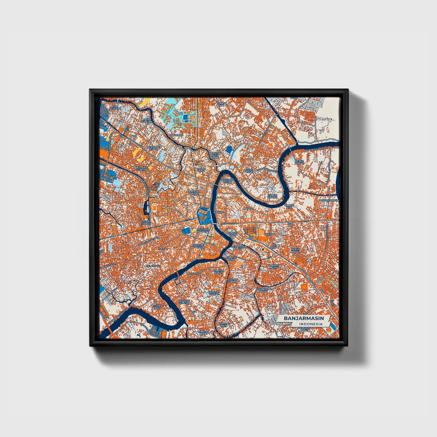 Banjarmasin Indonesia Colorful City Map Canvas Print • Black Framed