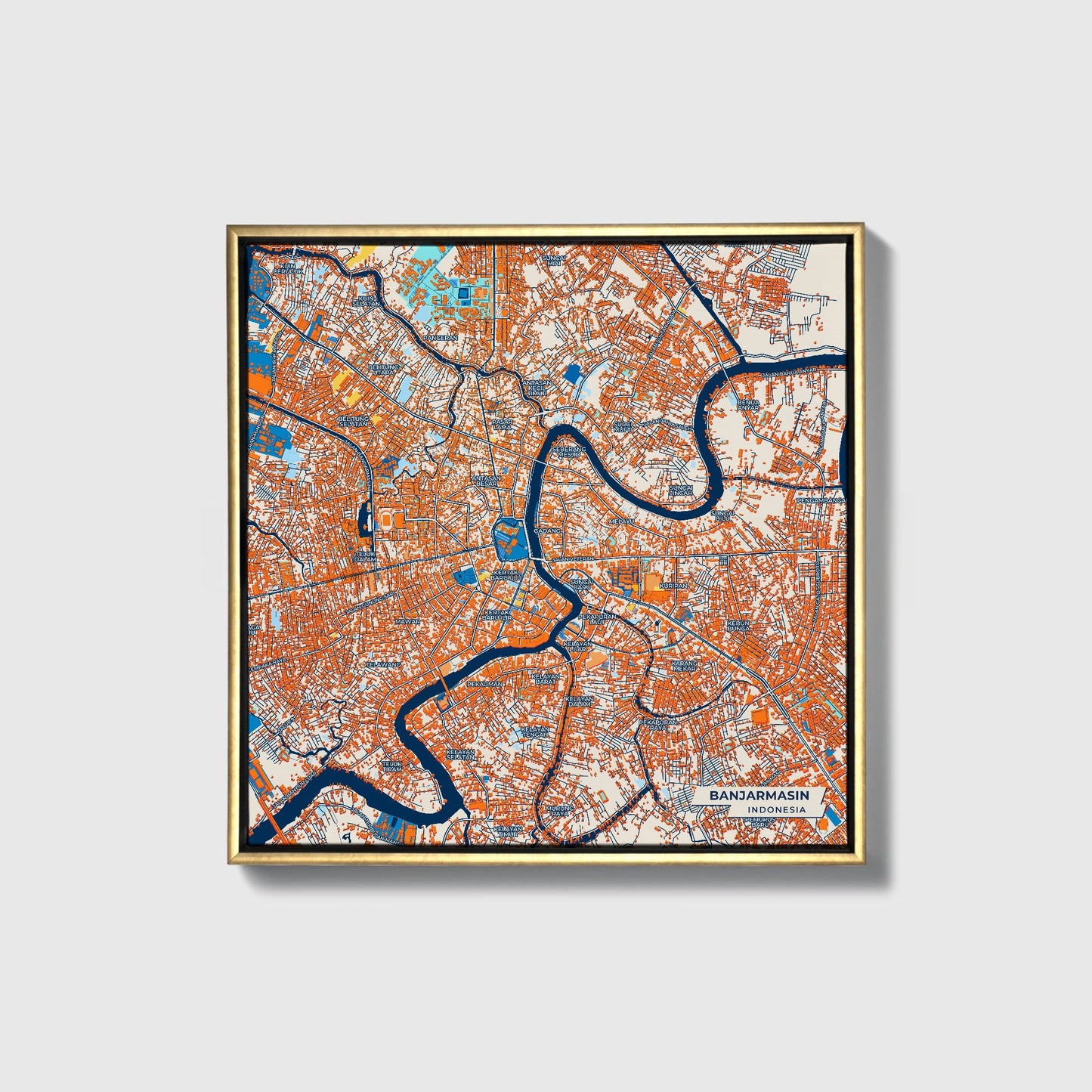 Banjarmasin Indonesia Colorful City Map Canvas Print • Gold Framed