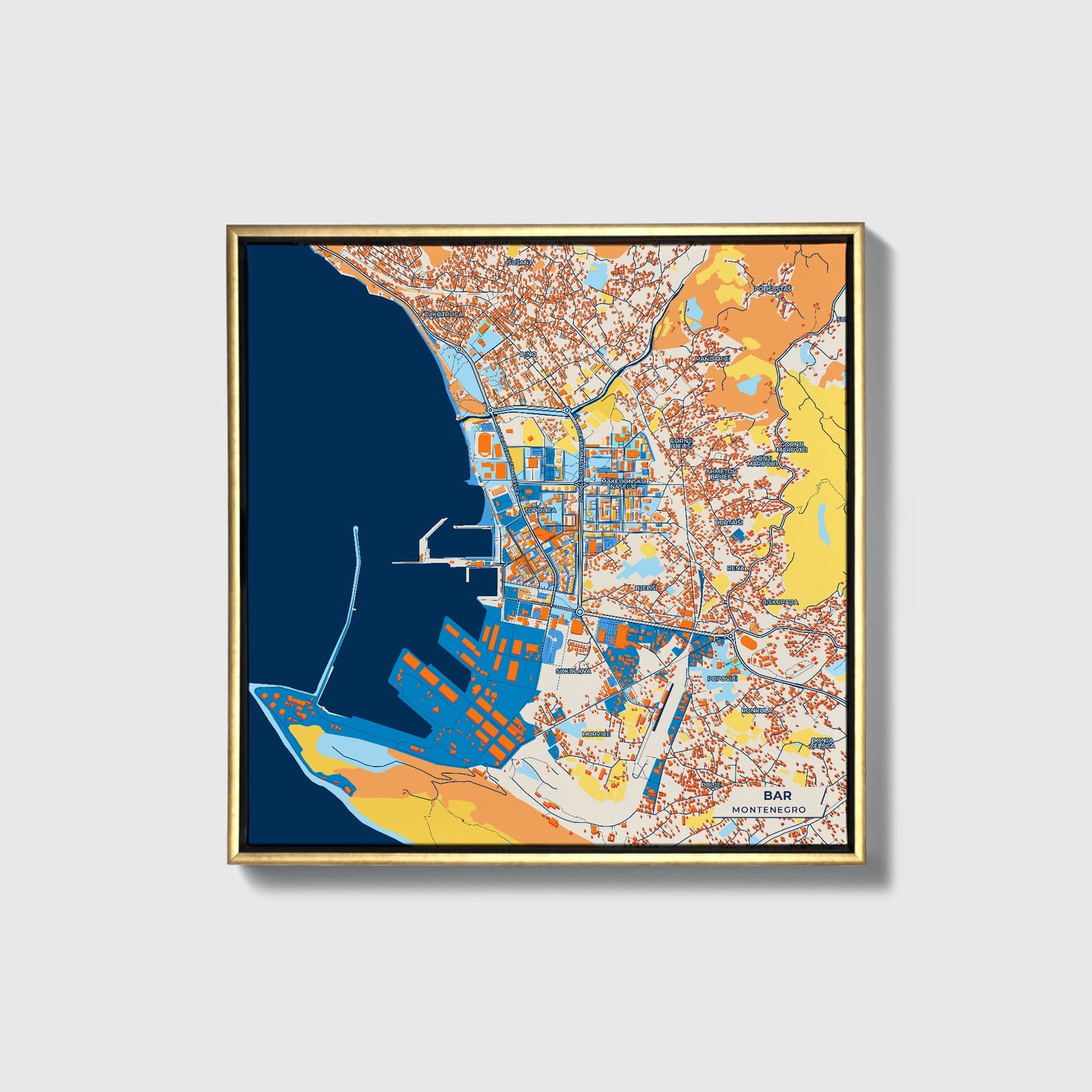Bar Montenegro Colorful City Map Canvas Print • Gold Framed