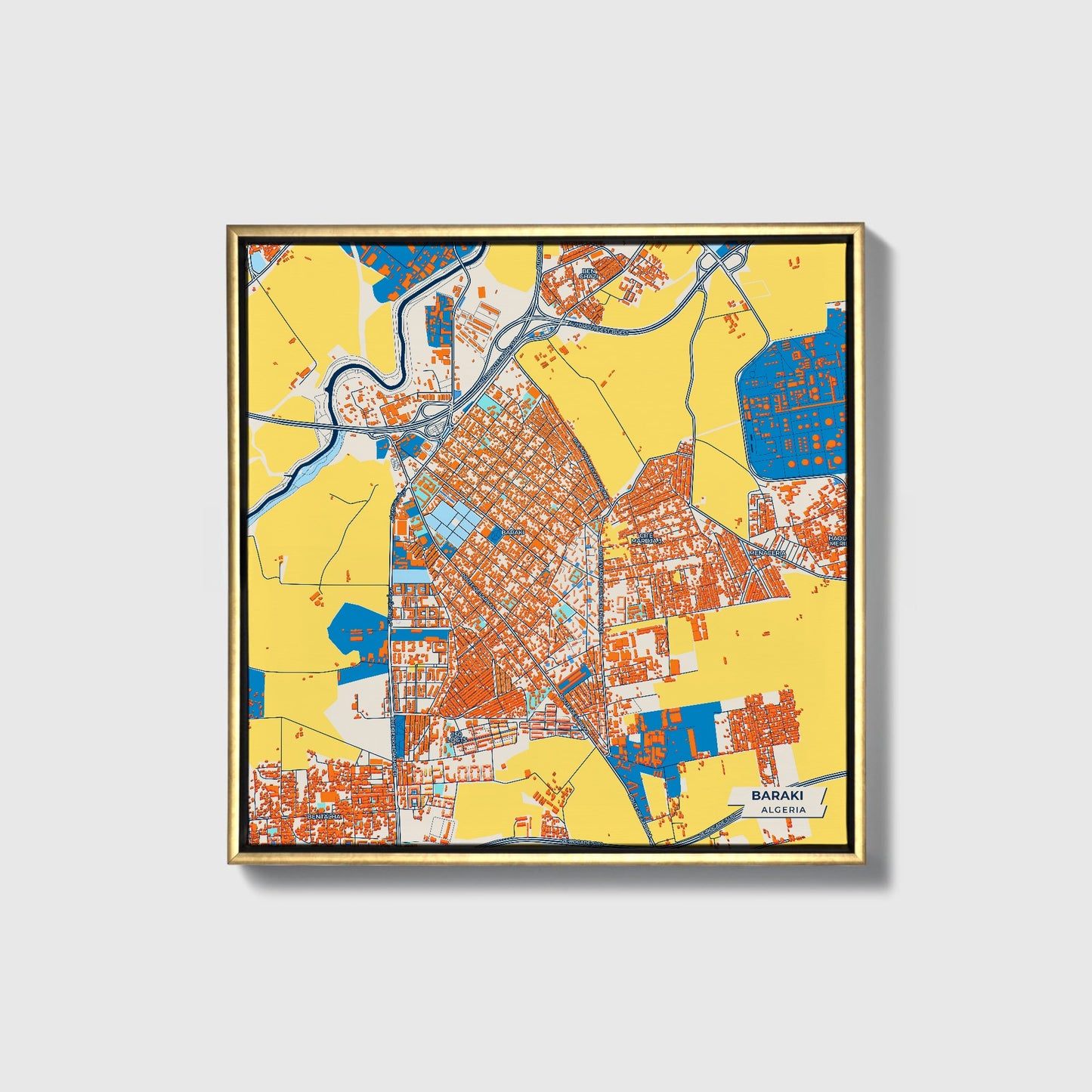 Baraki Algeria Colorful City Map Canvas Print • Gold Framed