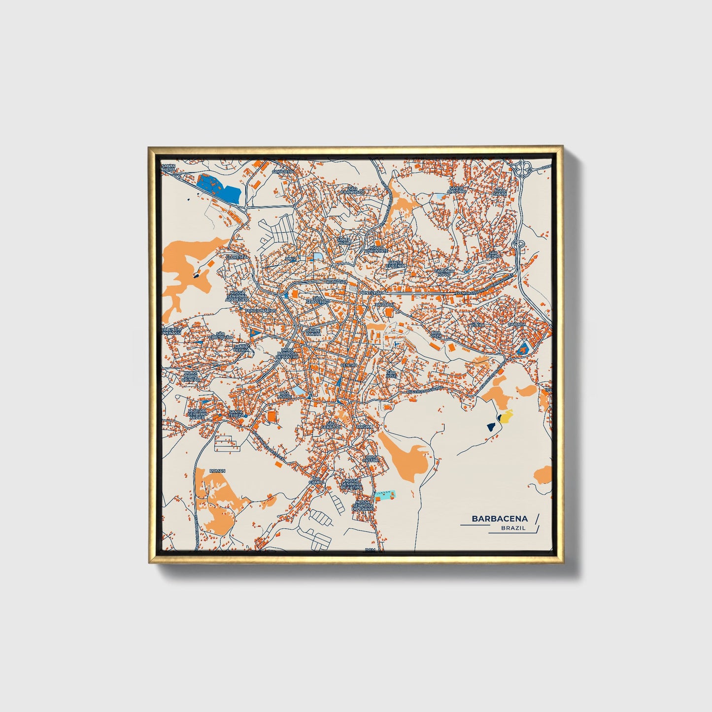 Barbacena Brazil Colorful City Map Canvas Print • Gold Framed