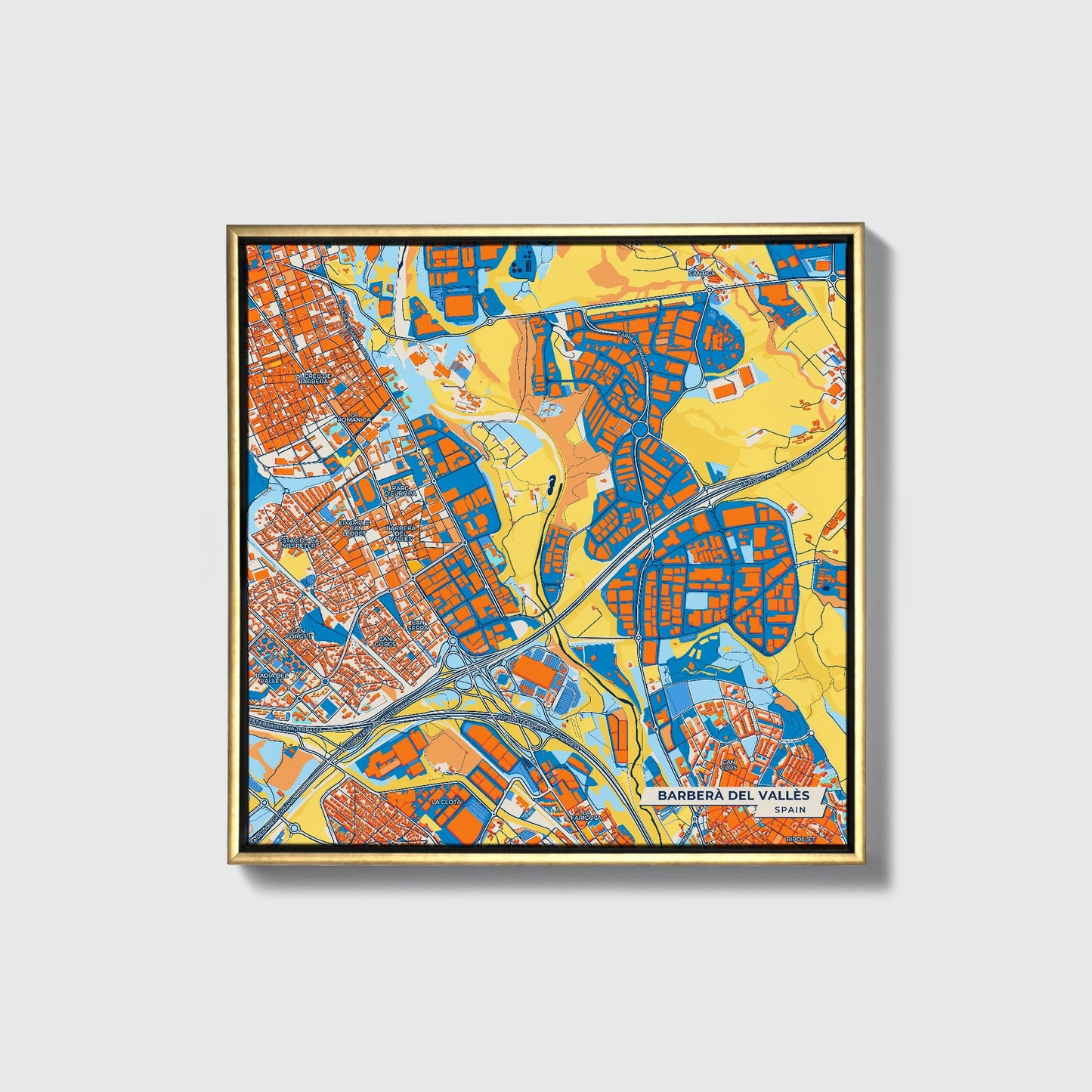 Barberà Del Vallès Spain Colorful City Map Canvas Print • Gold Framed