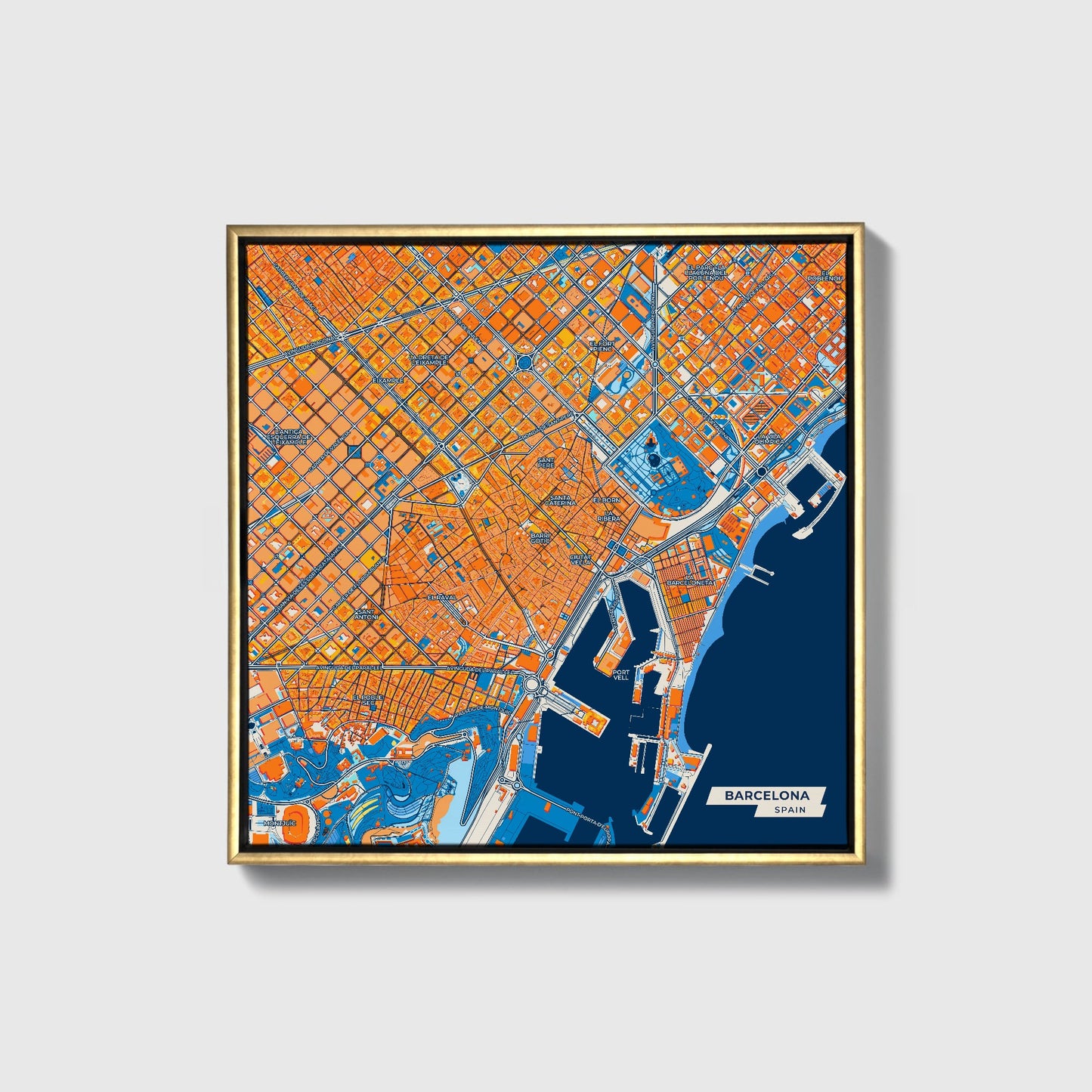 Barcelona Spain Colorful City Map Canvas Print • Gold Framed