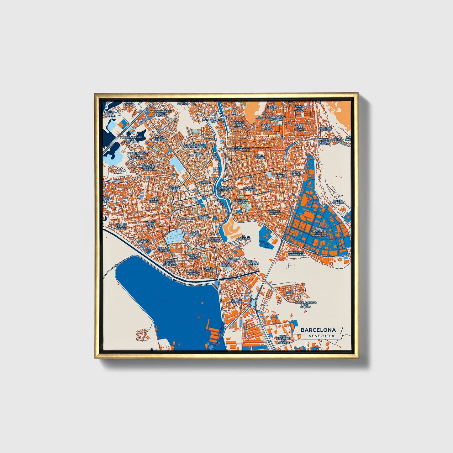 Barcelona Venezuela Colorful City Map Canvas Print • Gold Framed