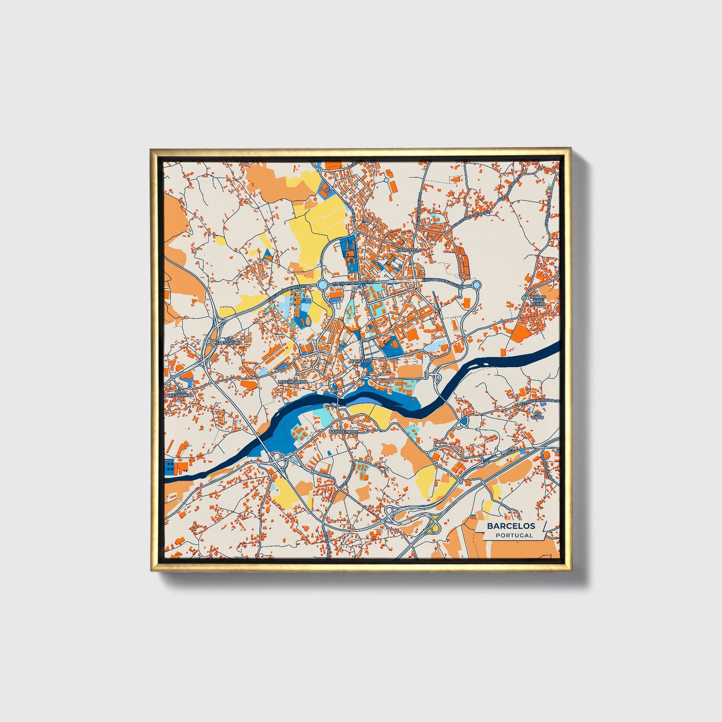 Barcelos Portugal Colorful City Map Canvas Print • Gold Framed