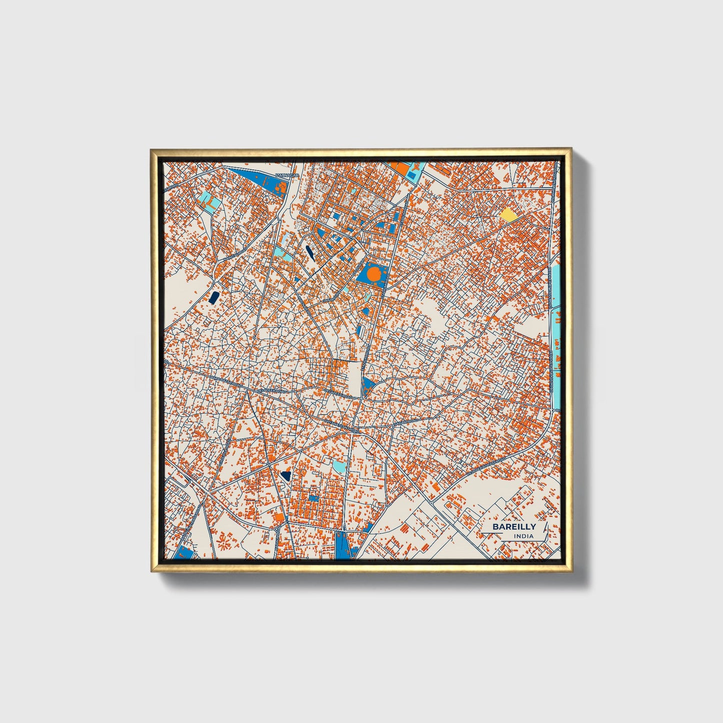 Bareilly India Colorful City Map Canvas Print • Gold Framed