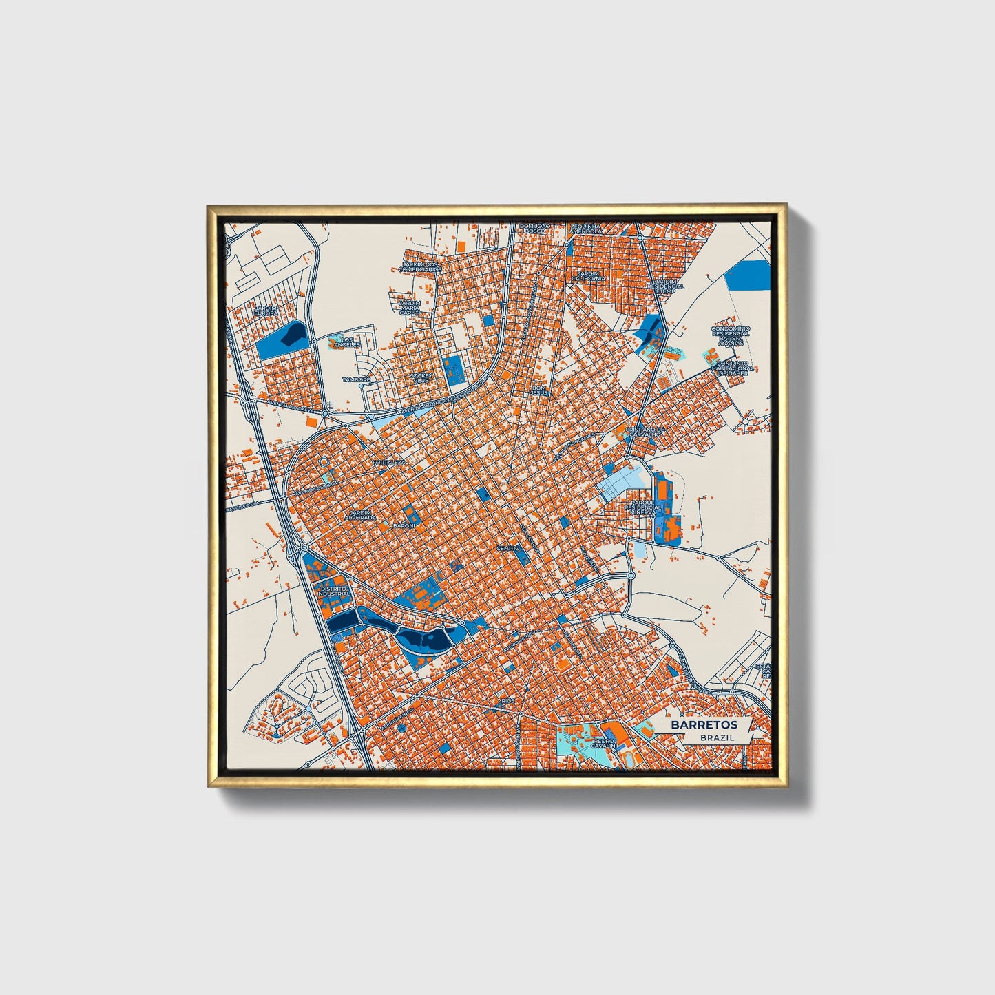 Barretos Brazil Colorful City Map Canvas Print • Gold Framed