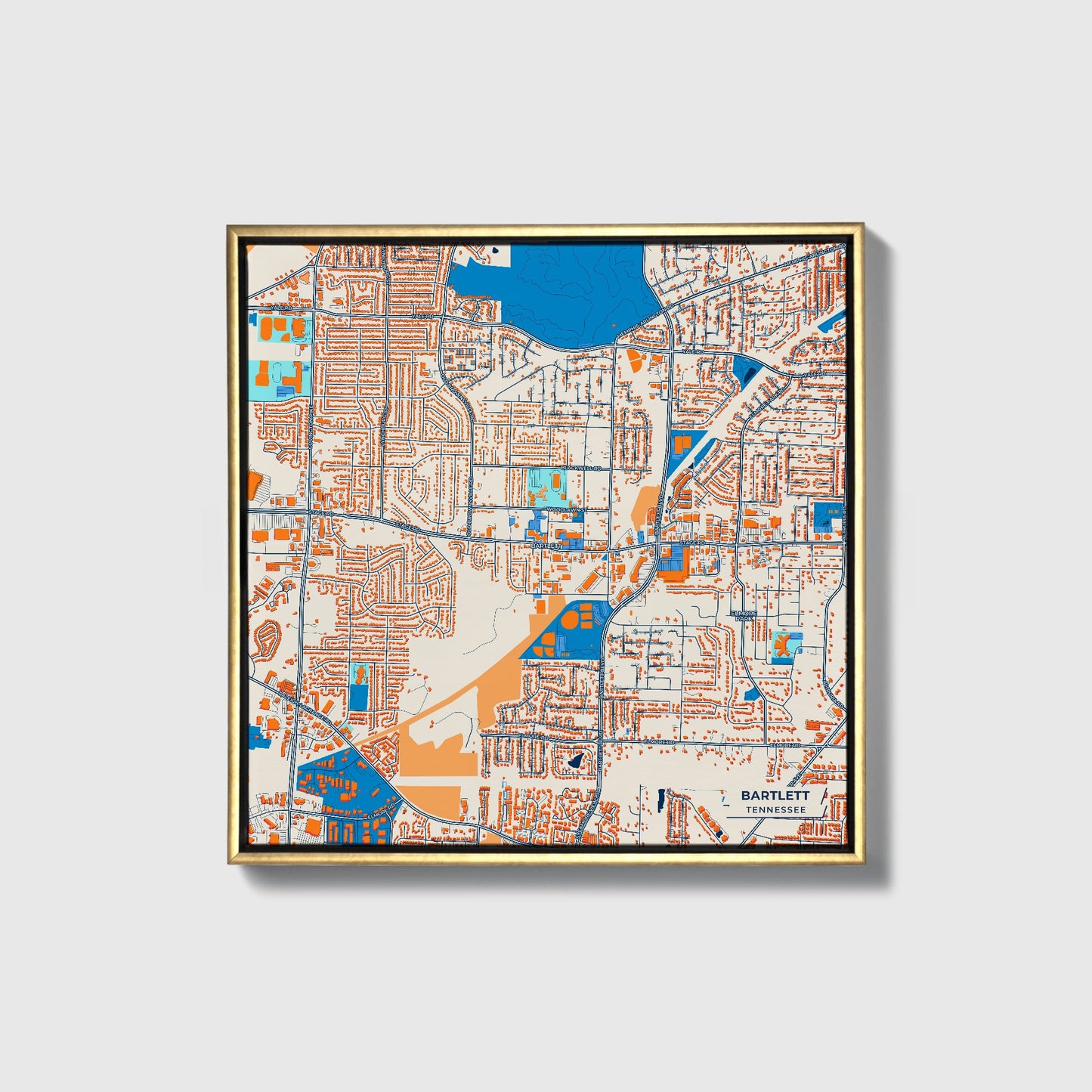 Bartlett Tennessee Colorful City Map Canvas Print • Gold Framed