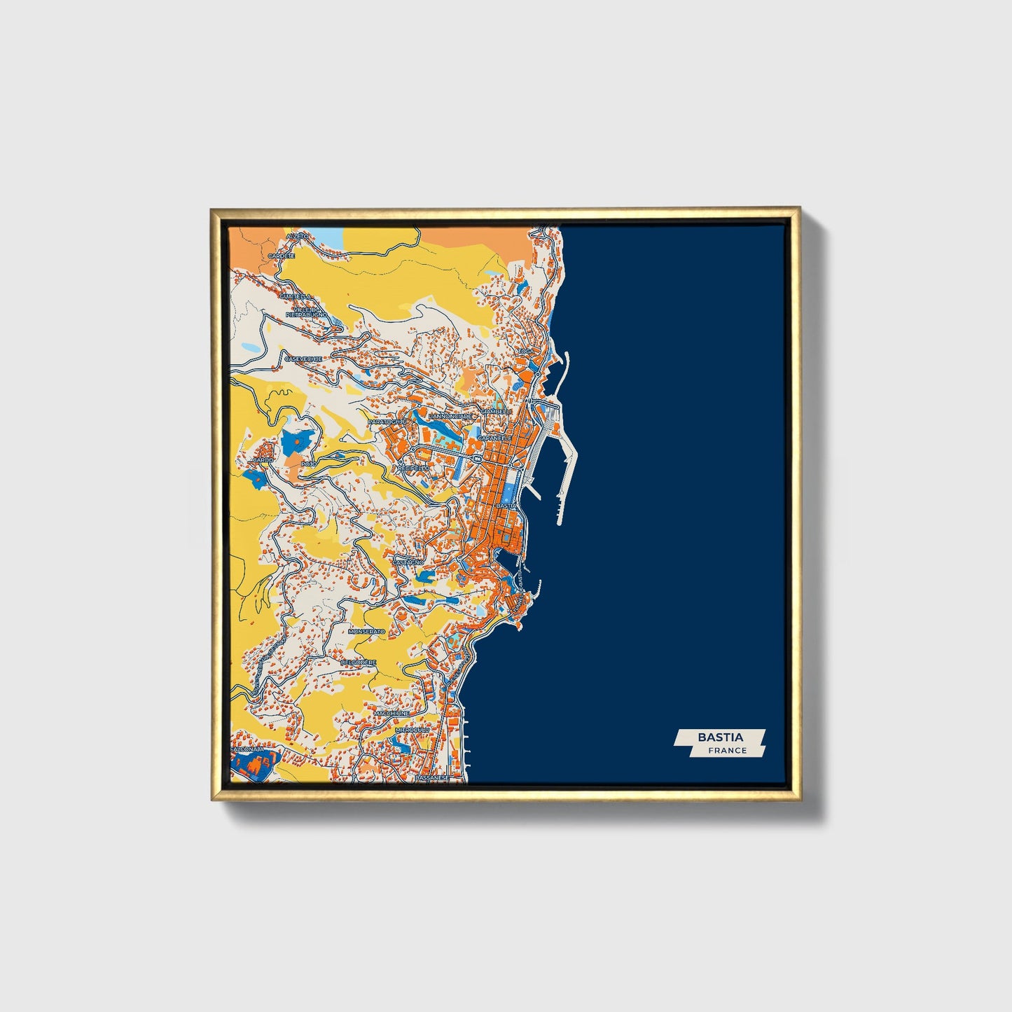 Bastia France Colorful City Map Canvas Print • Gold Framed