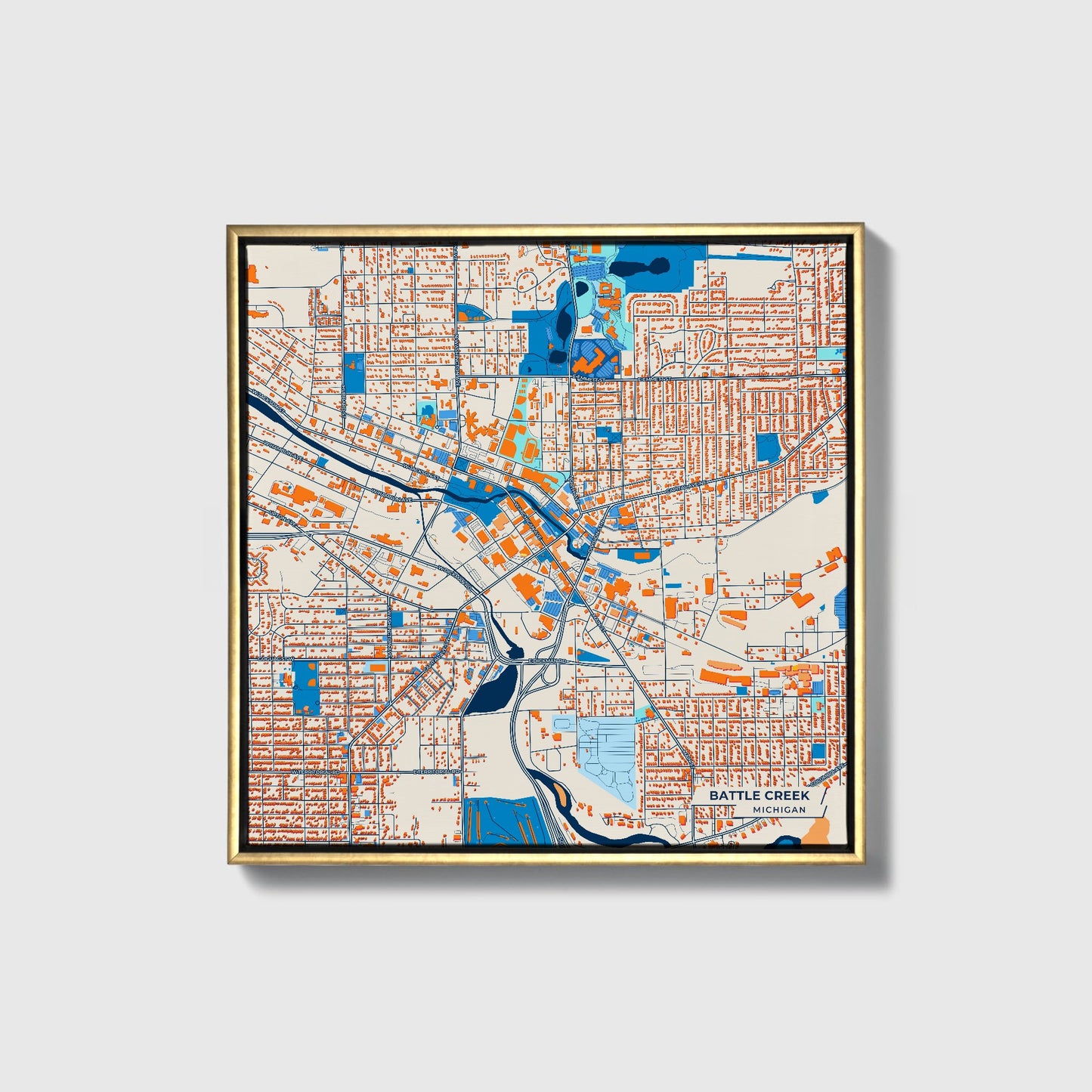 Battle Creek Michigan Colorful City Map Canvas Print • Gold Framed